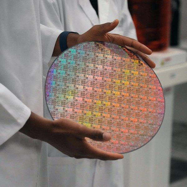 A silicon wafer with chips etched into it at Applied Materials in Sunnyvale, Calif., on May 22.