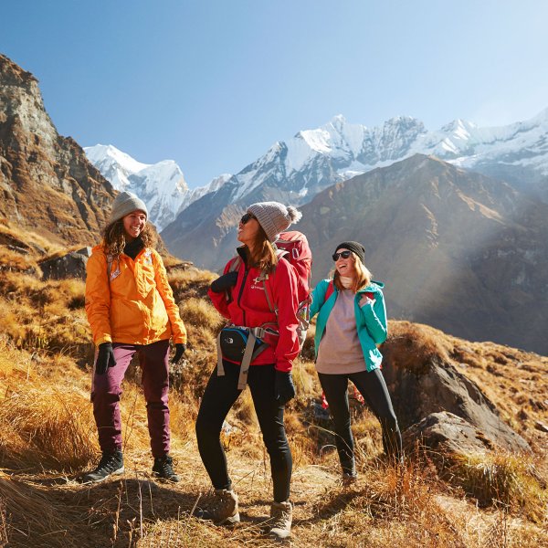 An Intrepid travel group trekking through the Annapurna Circuit in Nepal.