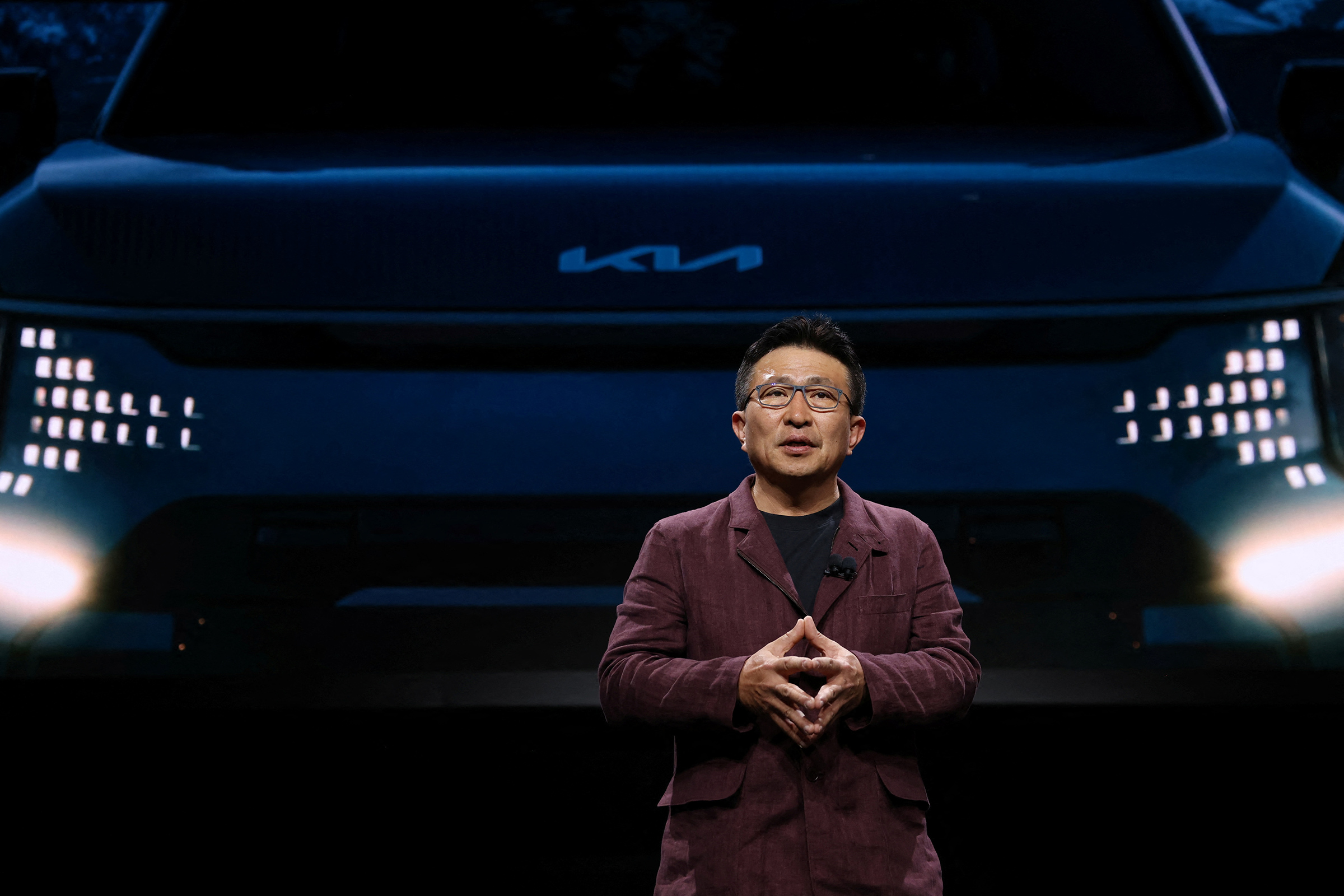 SeungKyu (Sean) Yoon, President and CEO at Kia North America and Kia America, speaks at the New York International Auto Show, in Manhattan, New York City, U.S., April 5, 2023. (Andrew Kelly—Reuters)