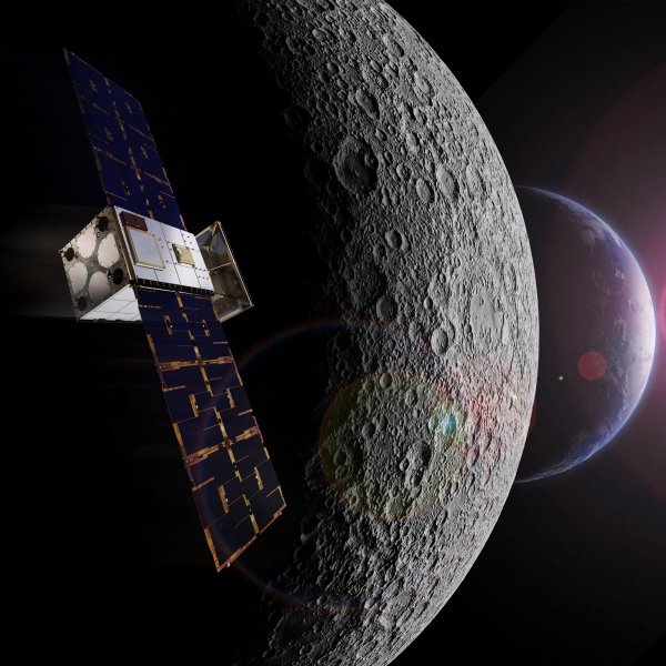 A rendering of Terran Orbital's Capstone satellite by the moon.