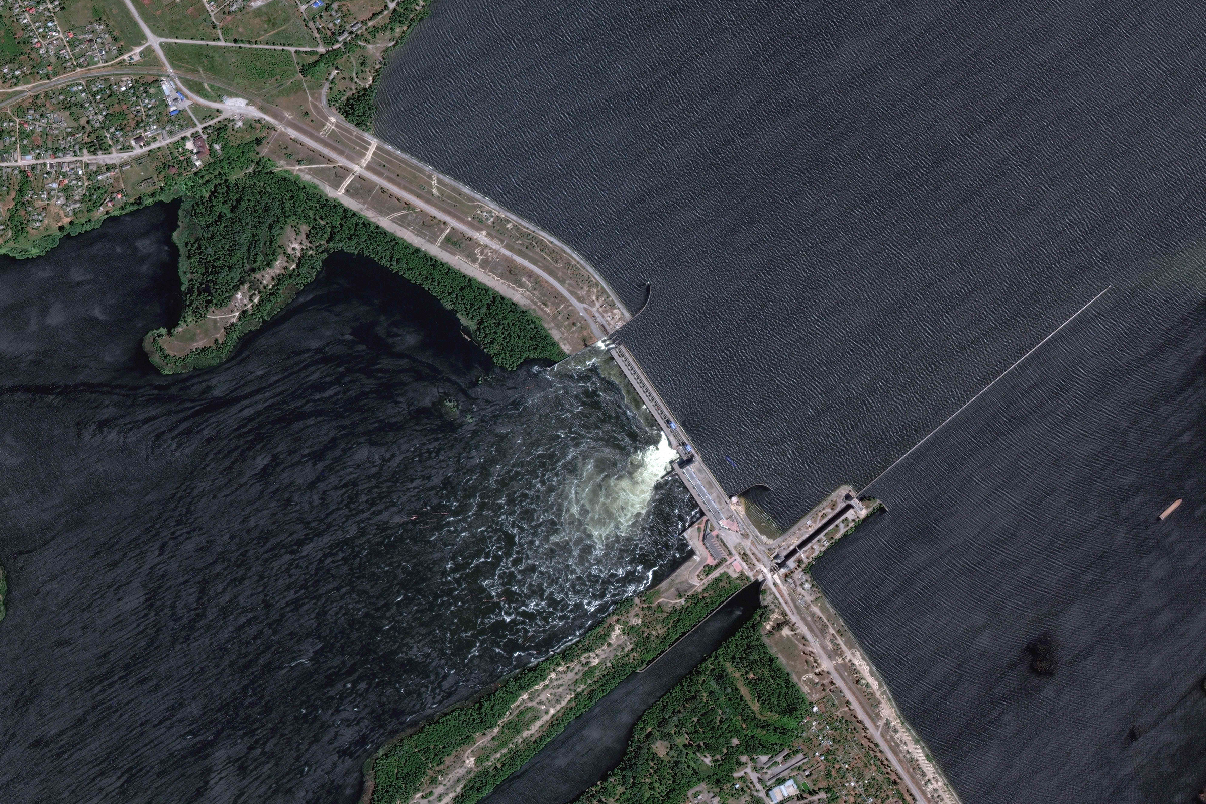 An overview of Nova Khakovka dam in south Ukraine on June 5. (Maxar Technologies/AFP/Getty Images)