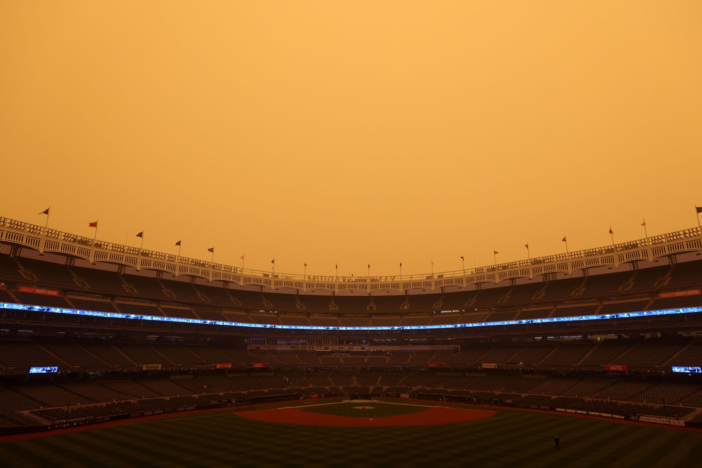 A general view of hazy conditions at Yankee Stadium resulting from Canadian wildfires