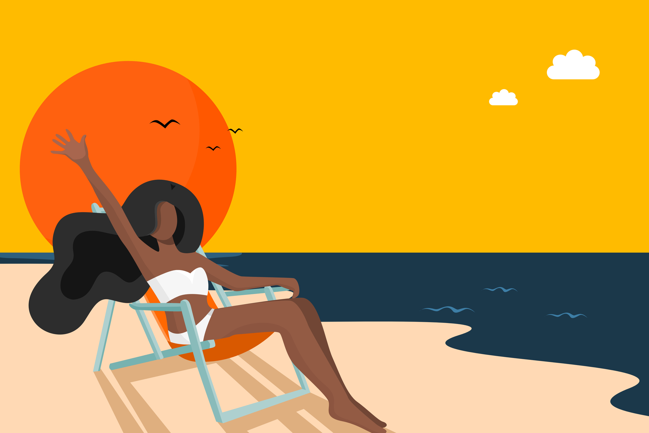 Relaxing woman enjoying her vacation at the beach illustration concept shows a beautiful woman who has dark skin tone sitting on the beach chair when the sunset time for relaxing her mood.
