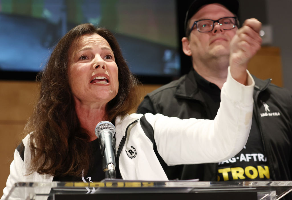 SAG-AFTRA President Fran Drescher speaks at a press conference announcing a strike against Hollywood studios on July 13, 2023 in Los Angeles, California. (Getty Images—2023 Getty Images)