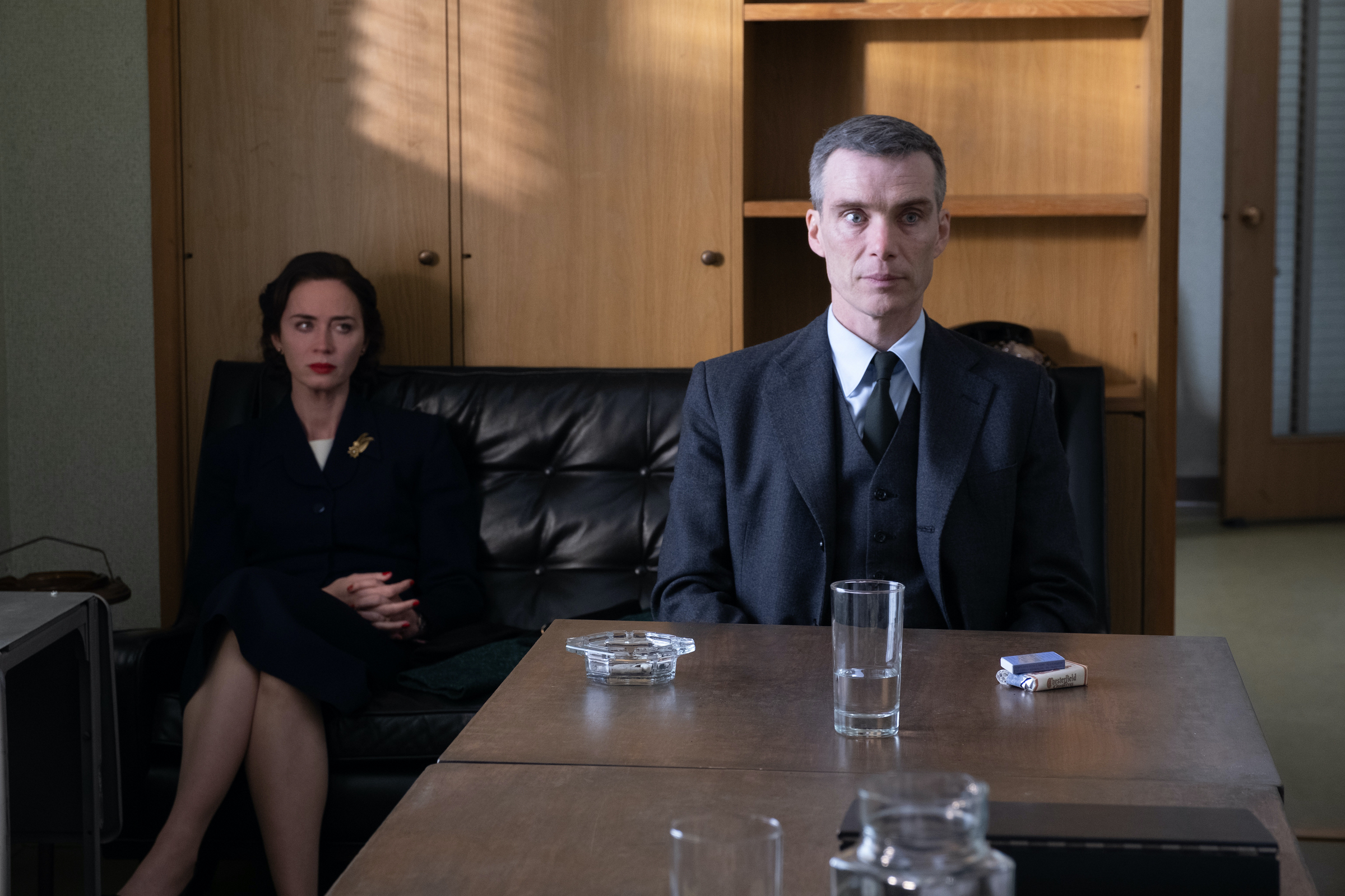 Emily Blunt and Cillian Murphy in a scene in which Murphy's Oppenheimer must testify at a hearing regarding his security clearance (Courtesy of Universal Pictures)