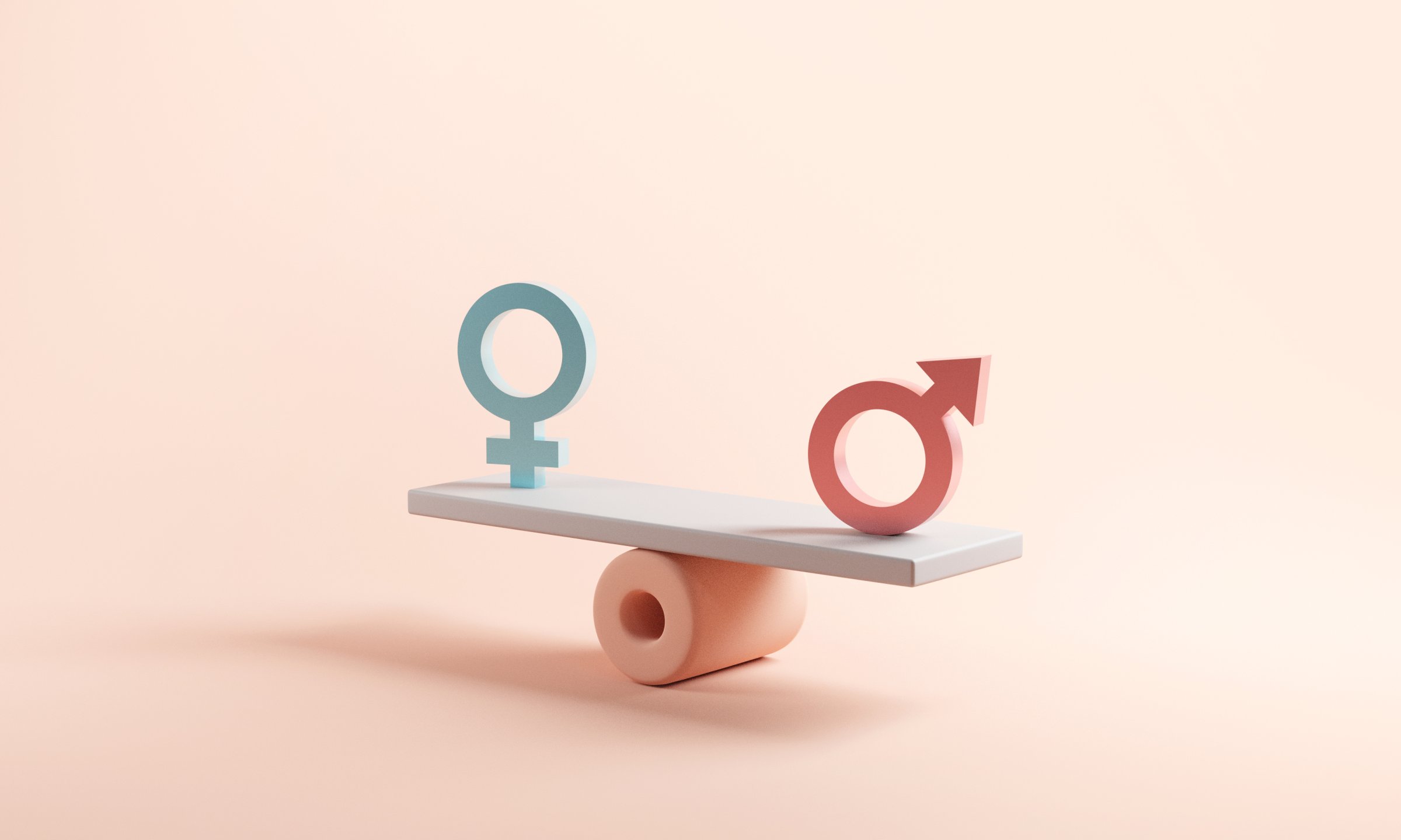 Gender equality concept. Male and female symbol on the scales with balance on blue background. minimal style.