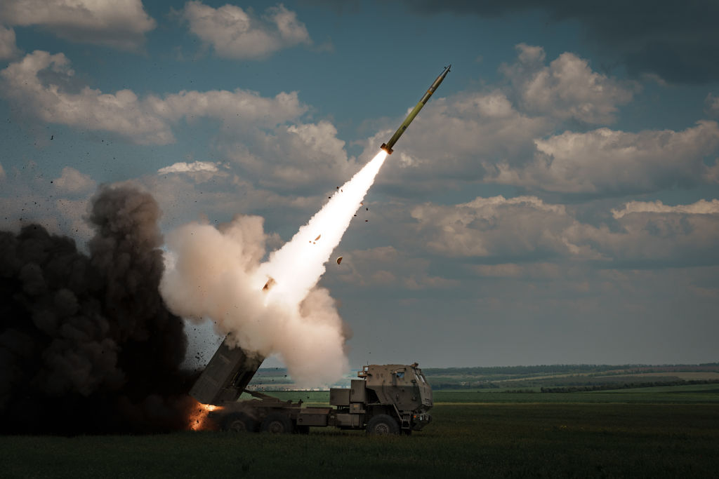 A M142 HIMARS launches a rocket on the Bakhmut direction on May 18, 2023 in Donetsk Oblast, Ukraine. Ukraine received the HIMARS as part of international military assistance programs to help defend itself against the ongoing Russian invasion. (Serhii Mykhalchuk-Global Images Ukraine)