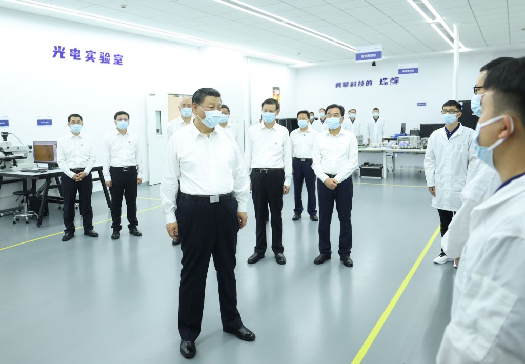 Chinese President Xi Jinping, also general secretary of the Communist Party of China CPC Central Committee and chairman of the Central Military Commission, visits a high-tech enterprise in Suzhou, east China's Jiangsu Province, July 5, 2023. (Ju Peng-Xinhua)