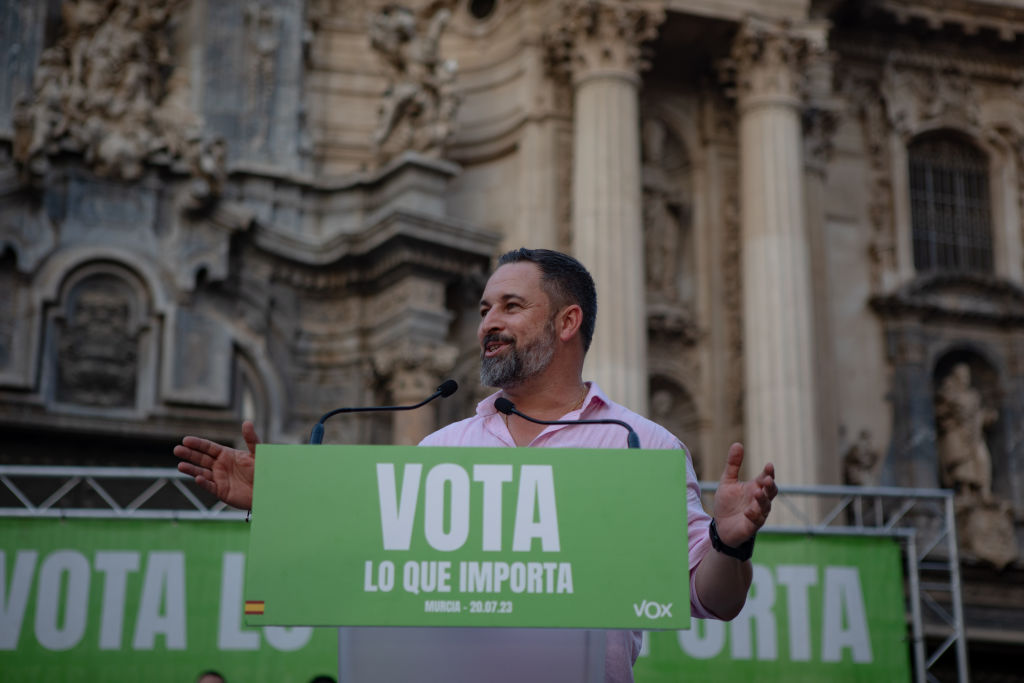 Spanish far right Vox Party Leader, Santiago Abascal, speaks to his supporters at the end of his rally during the final stretch of the electoral campaign in Murcia, Spain on July 20, 2023. (Loyola Perez De Villegas Muniz—Anadolu Agency via Getty Images)