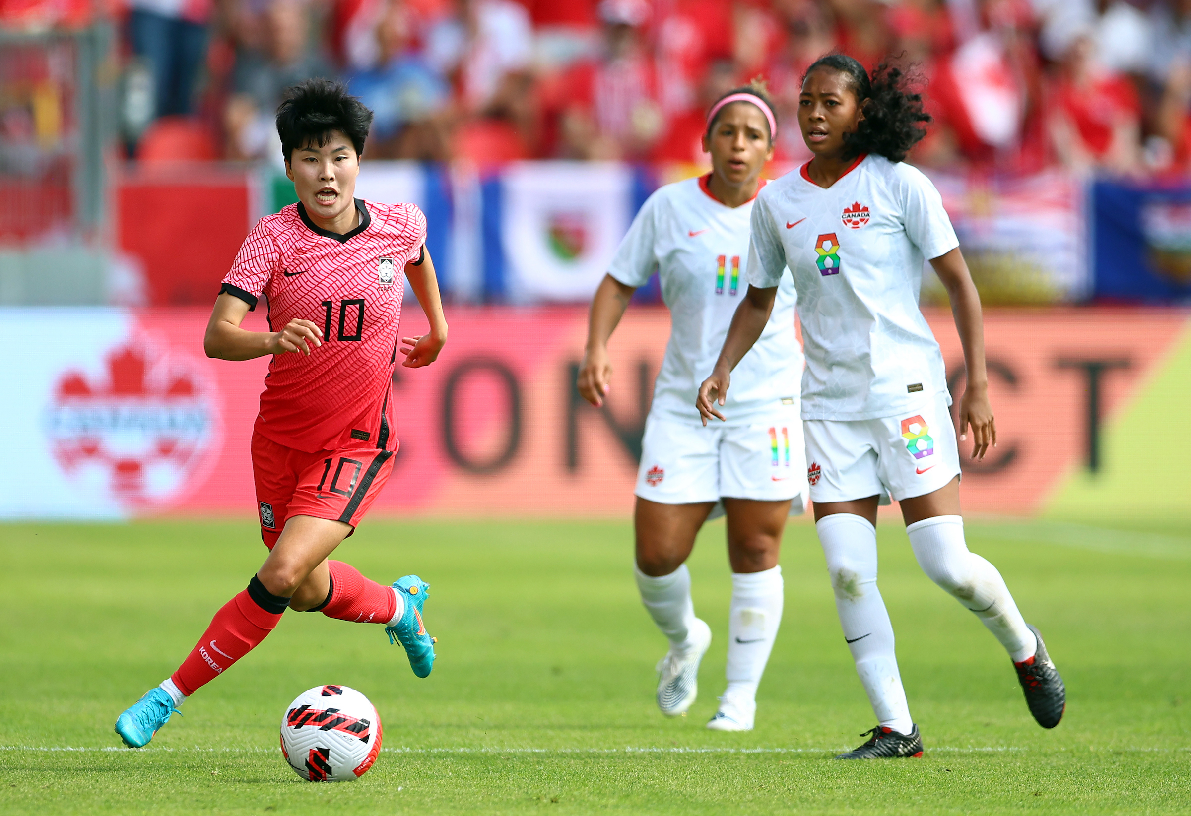 Soyun Ji #10 of South Korea chases the ball during a friendly match against Canada at BMO Field on June 26, 2022 in Toronto, Ontario, Canada. (Vaughn Ridley—Getty Images)
