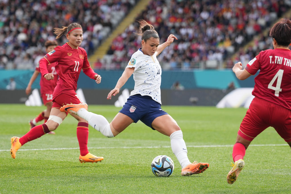 Sophia Smith of the United States strikes the ball during the first half of the FIFA Women's World Cup match between USA and Vietnam at Eden Park in Auckland, New Zealand, on July 22, 2023. (Brad Smith—USSF/Getty Images)