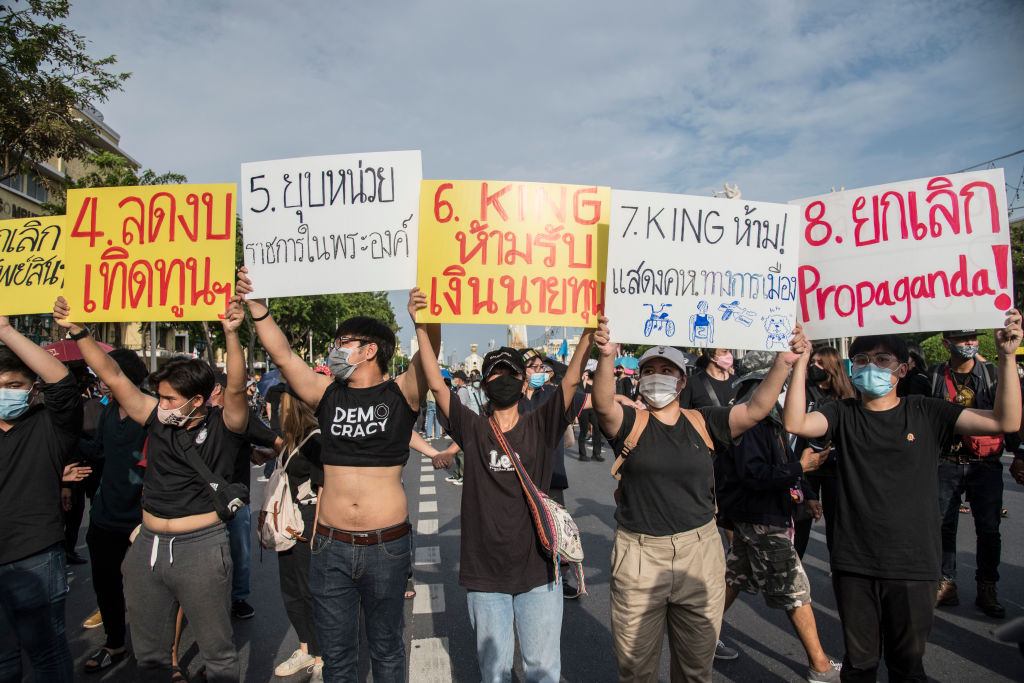 Protesters—including some in crop tops, a popular reference to Thailand’s king—call for monarchy reform in Bangkok on August 16, 2020. (LightRocket—Getty Images)
