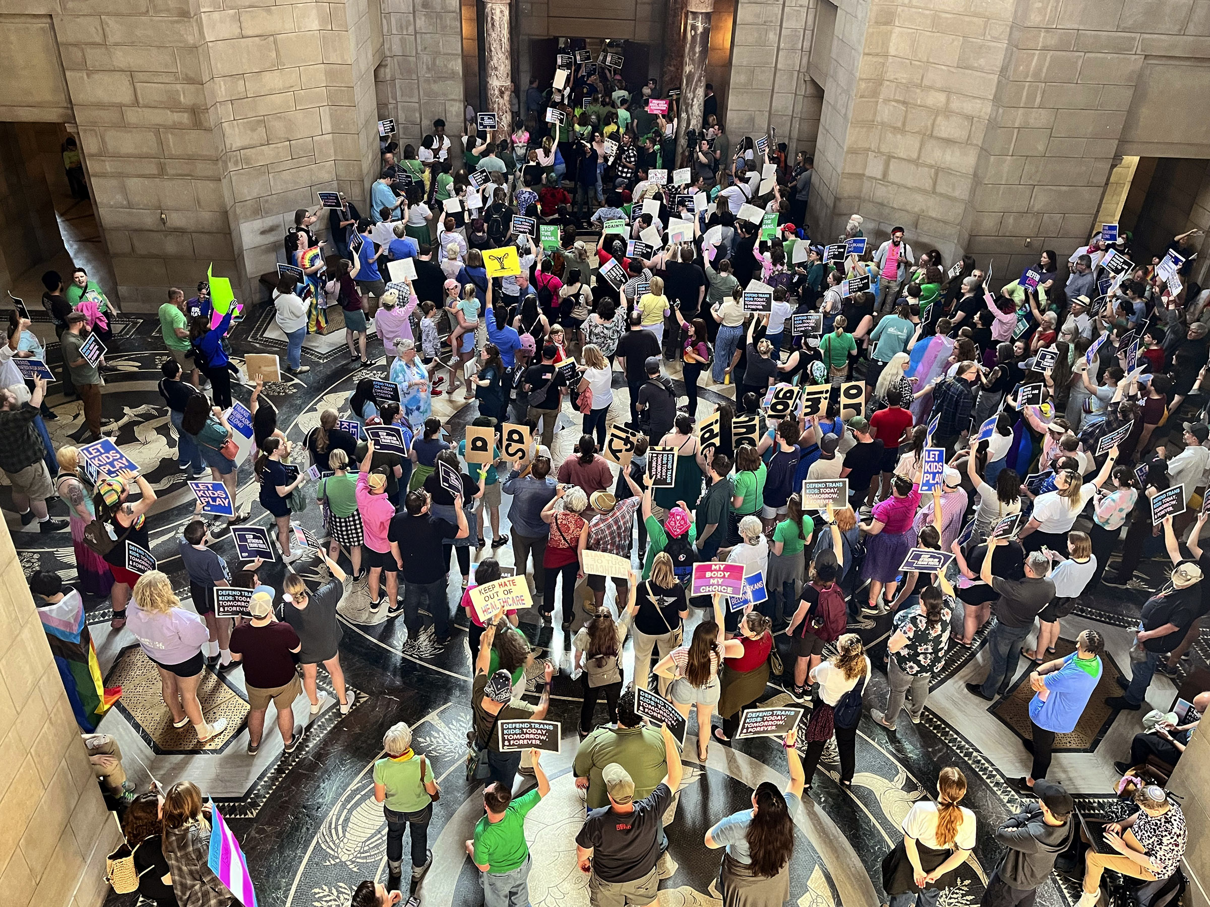 Hundreds of people gather at the Nebraska Capitol, in Lincoln, Neb., to protest plans by conservative lawmakers in the Nebraska Legislature to revive an abortion ban, on May 16, 2023. (Margery Beck—AP)