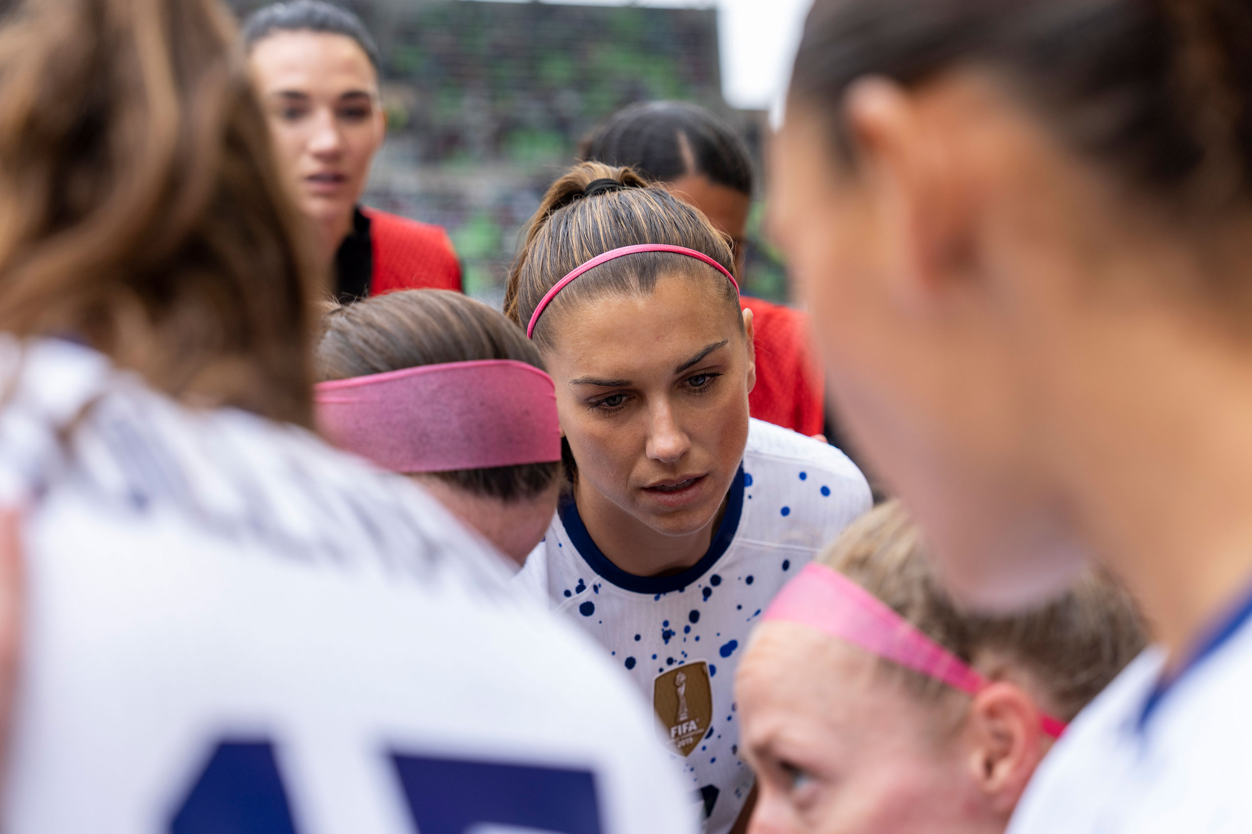 Alex Morgan huddles with the team during a game between Ireland and USWNT in Austin, Texas, on April 8, 2023. (Brad Smith—USSF/Getty Images)
