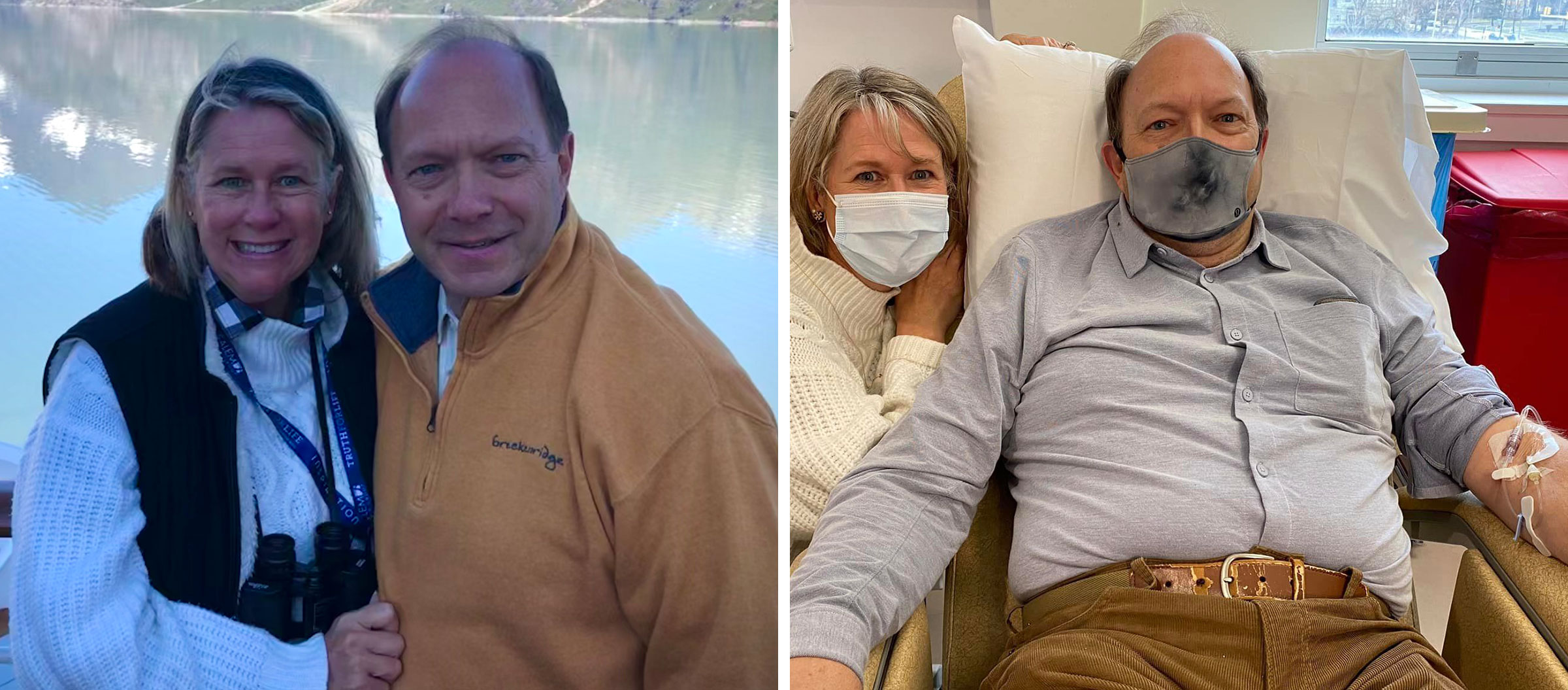 Ann and John Domeck on a trip to Alaska in 2021, timed between infusions while he was in the study; Ann and John during John's infusion at the Cleveland Clinic in Jan 2023 (Domeck Family)