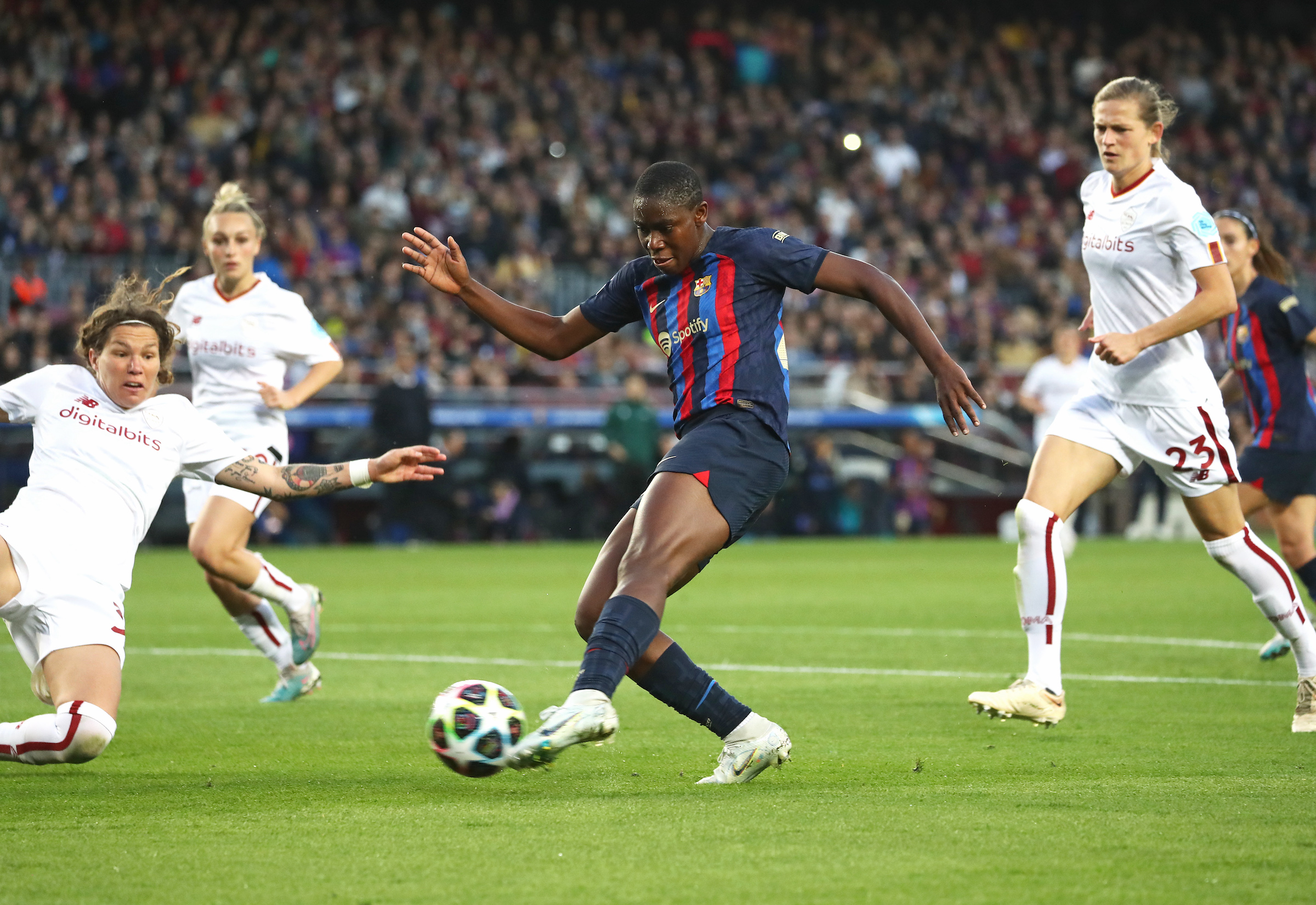 Asisat Oshoala during the match between FC Barcelona and AS Roma, corresponding to the 2nd leg of the quarter finals of the UEFA Womens Champions League, played at the Spotify Csmp Nou Stadium, on 29th March 2023, in Barcelona, Spain. (Joan Valls—Urbanandsport/NurPhoto/Getty Images)