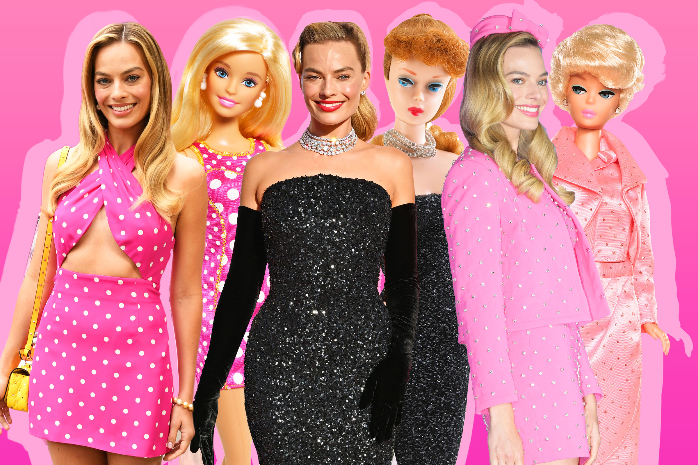 A collage of images of Margot Robbie on the red carpet for the Barbie movie mixed with the Barbie dolls that match her outfit
