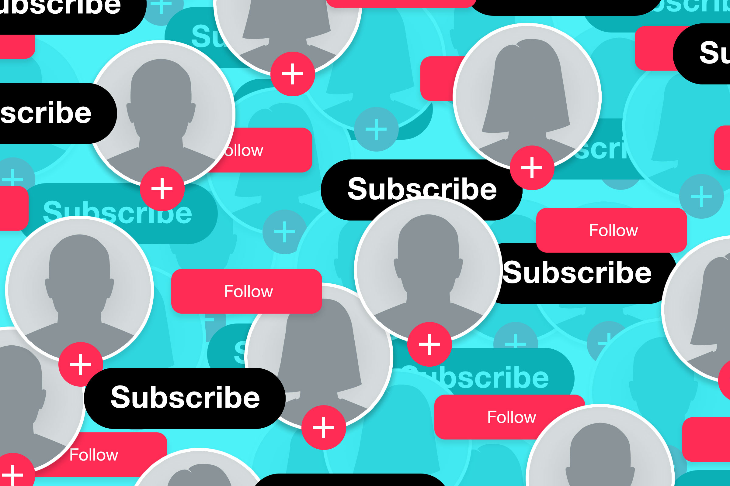 A collage full of subscribe and follow buttons similar to the ones seen on the tiktok app and youtube