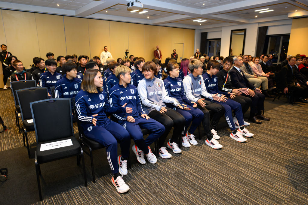 Japan’s women’s soccer team attends a World Cup welcome ceremony at their team hotel in Christchurch, New Zealand, on July 16, 2023. (Kai Schwoerer—FIFA/Getty Images)