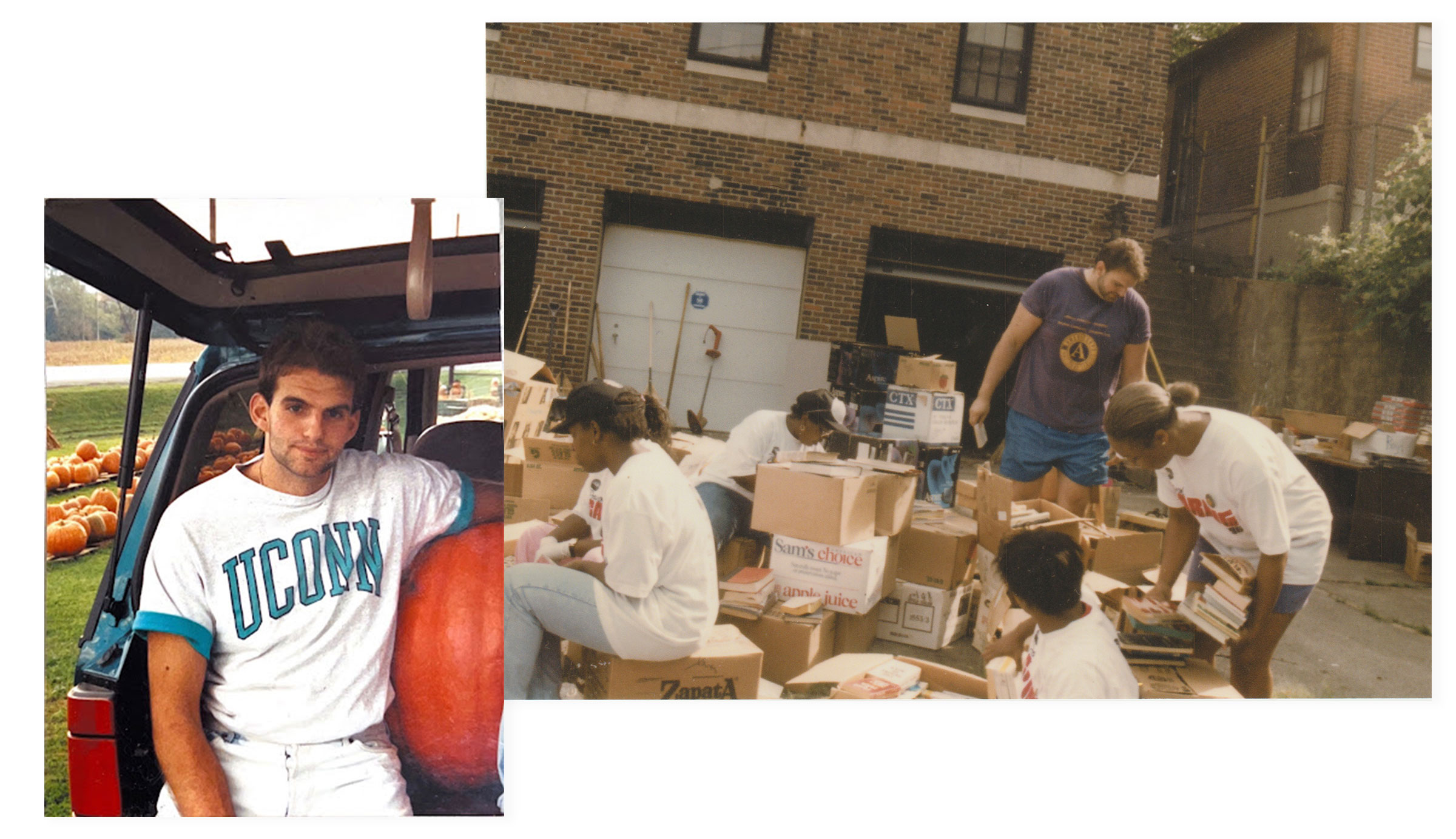 Older images showing John Fetterman when he was younger, one shows him young in a UCONN t-shirt in the back of a car with pumpkins in the other he is in a t shirt and shorts in the 1990's packing boxes with people