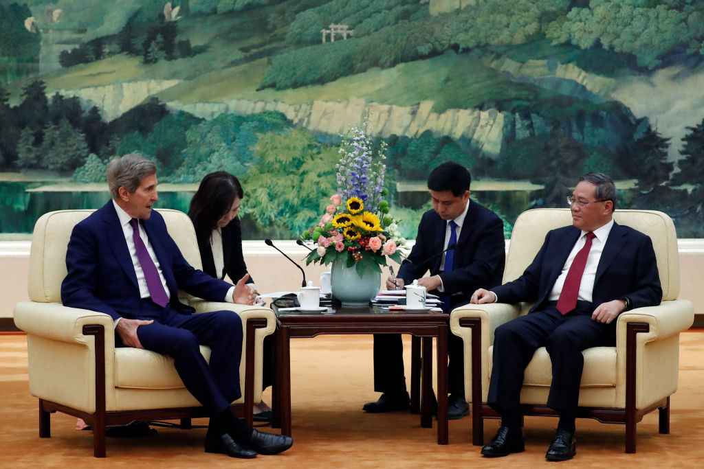 U.S. climate envoy John Kerry (L) meets with Chinese Premier Li Qiang in the Great Hall of the People on July 18, 2023 in Beijing, China.