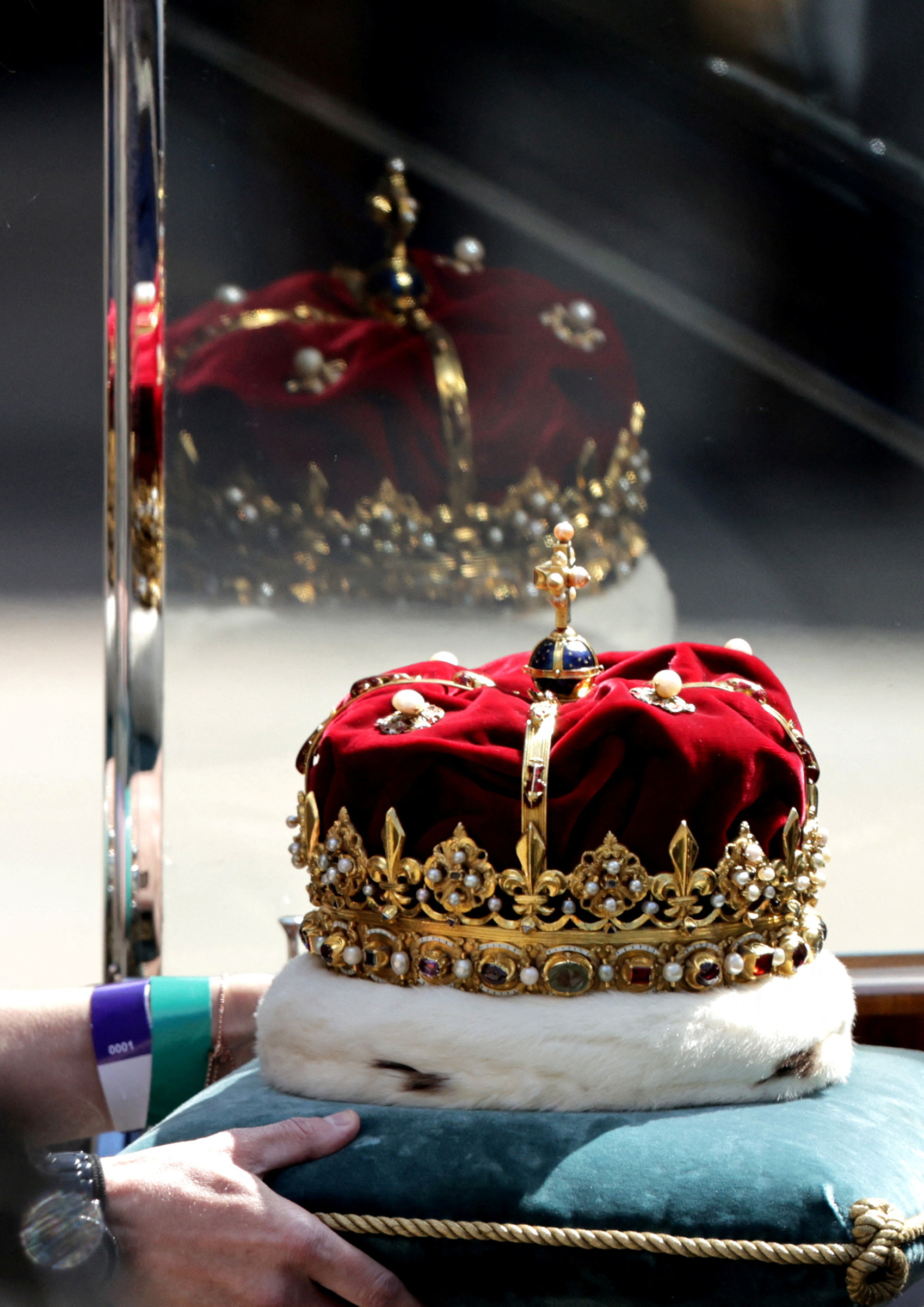 The Scottish Crown Jewels being carried to an awaiting car ahead of a national service of thanksgiving and dedication to the coronation of King Charles III and Queen Camilla at St Giles' Cathedral on July 5.