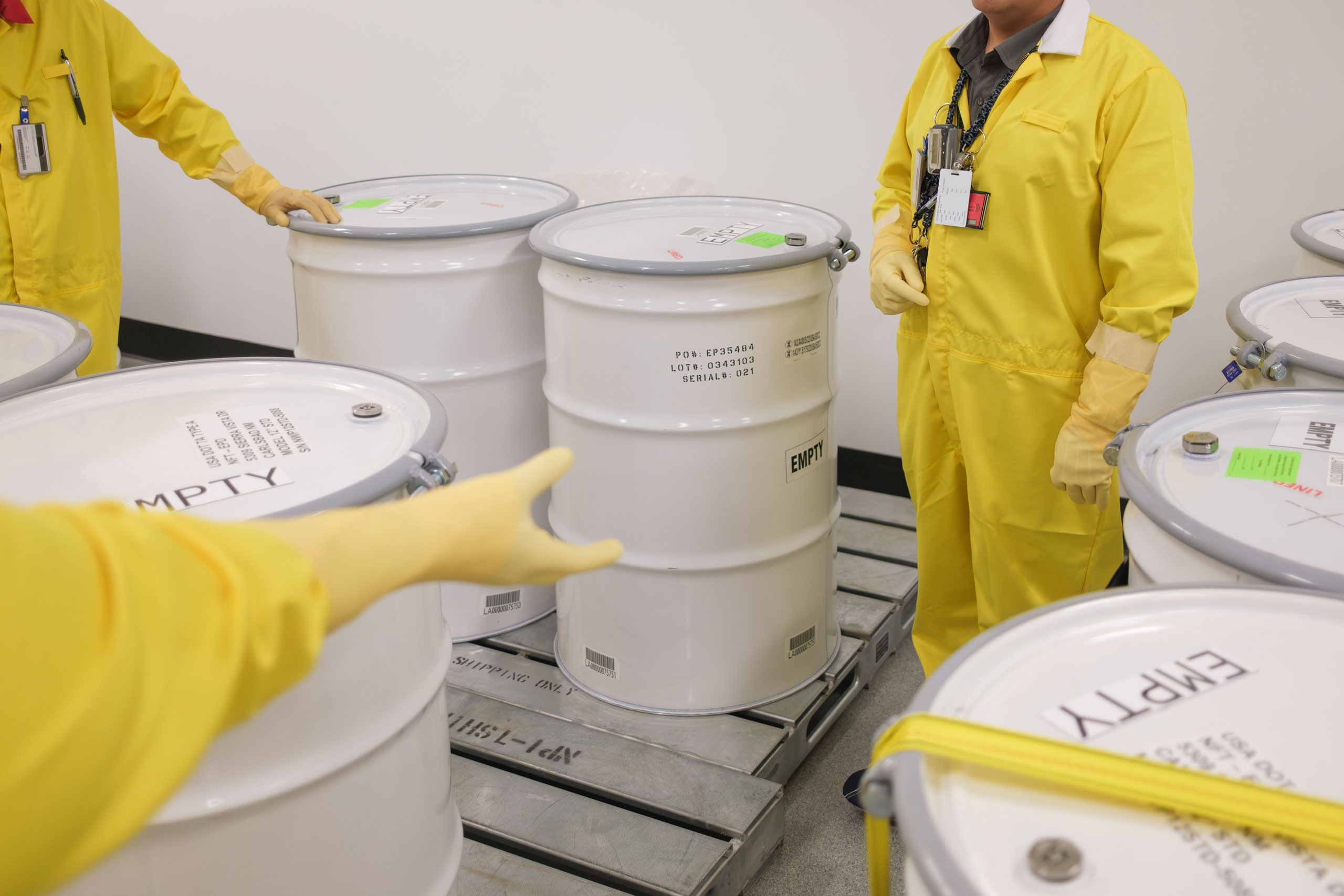 At the New Employee Training (NET) facility of the Los Alamos National Laboratory (LANL), empty waste drums  are set up for a “Container Handling for Waste Operators” training session. (Ramsay de Give for TIME)