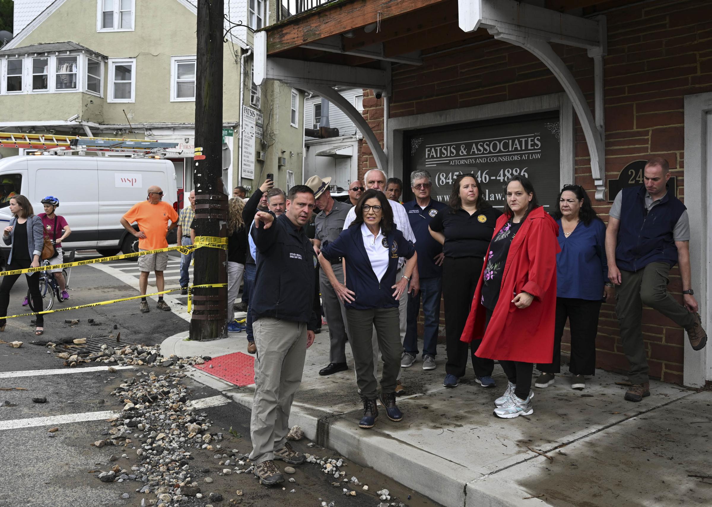 Governor Kathy Hochul surveys the damage from flooding in Highland Falls