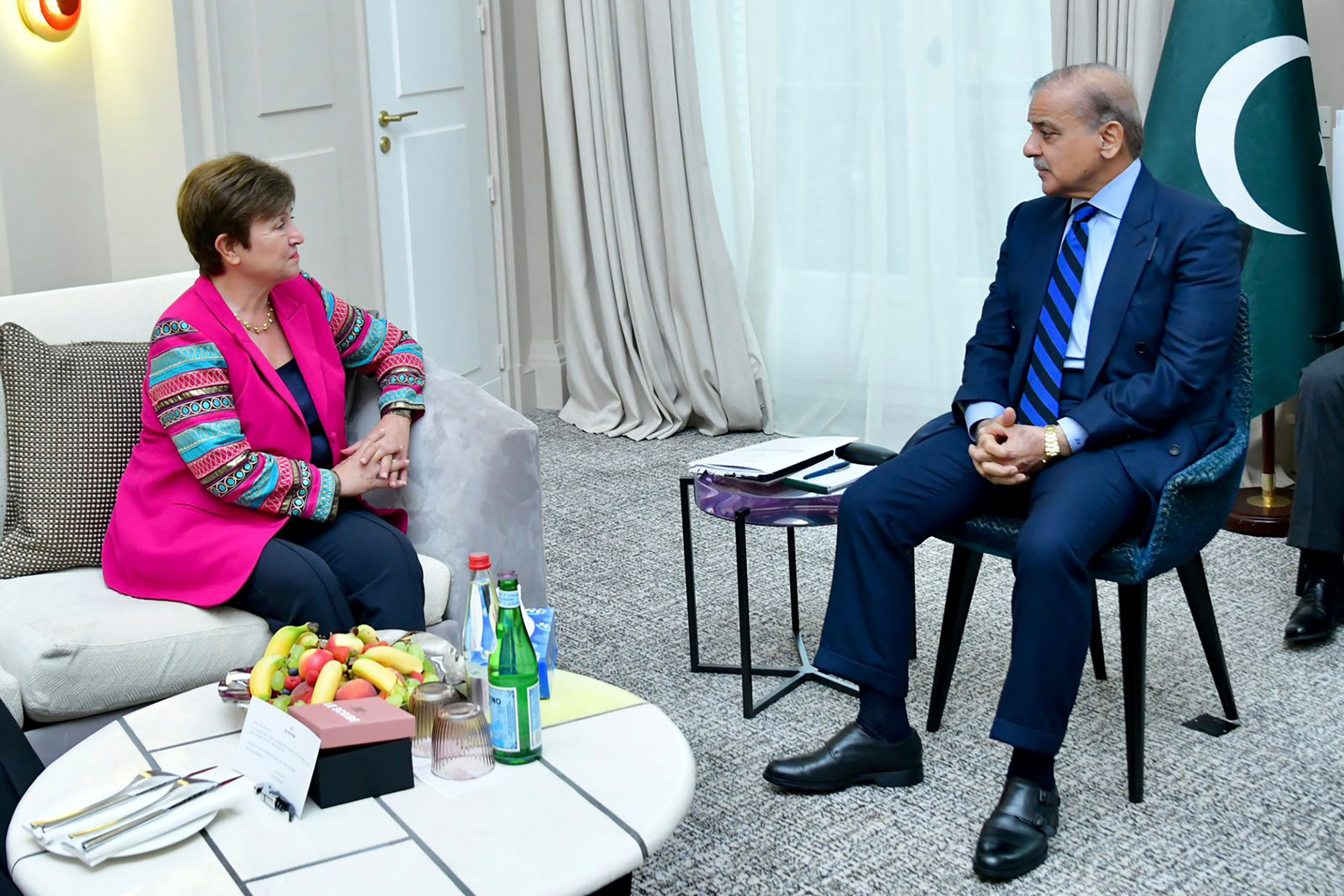 Prime Minister Shahbaz Sharif, right, meets with International Monetary Fund's Managing Director Kristalina Georgieva in Paris, France, on June 22, hoping to unlock a $6 billion bailout and gain the release of a critical tranche of $1.1 billion in loans which has been on hold since November.