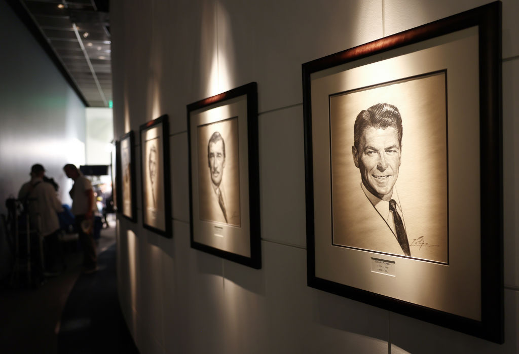 A portrait of former SAG-AFTRA President Ronald Reagan hangs in SAG-AFTRA headquarters after a press conference announcing their strike against Hollywood studios on July 13, 2023 in Los Angeles, California. (Mario Tama—Getty Images)