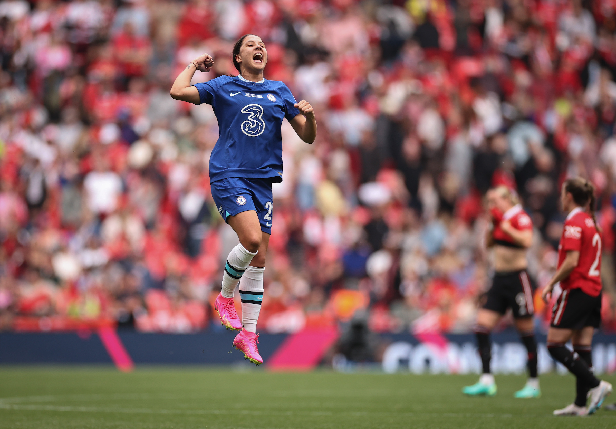 Sam Kerr of Chelsea celebrates the team's victory on the final whistle during the Vitality Women's FA Cup Final between Chelsea FC and Manchester United at Wembley Stadium on May 14, 2023 in London, England. (Ryan Pierse—Getty Images)