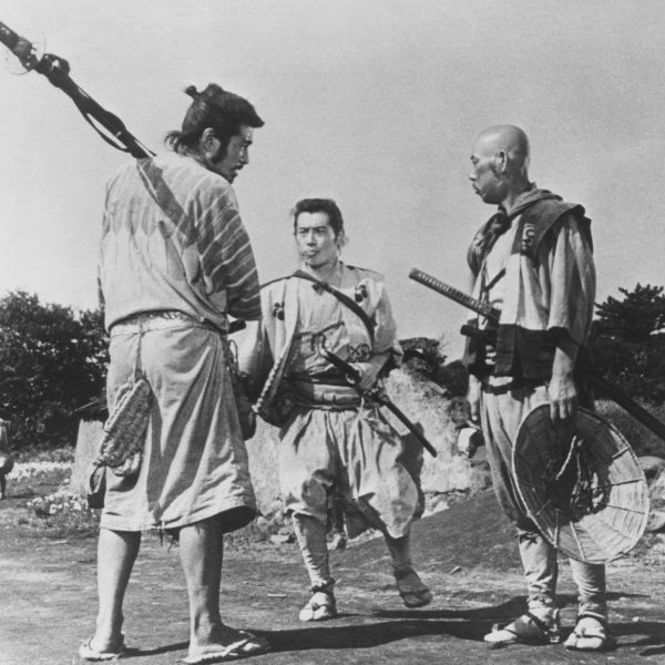 From left, Toshiro Mifune, Isao Kimura, and Takashi Shimura in Seven Samurai.