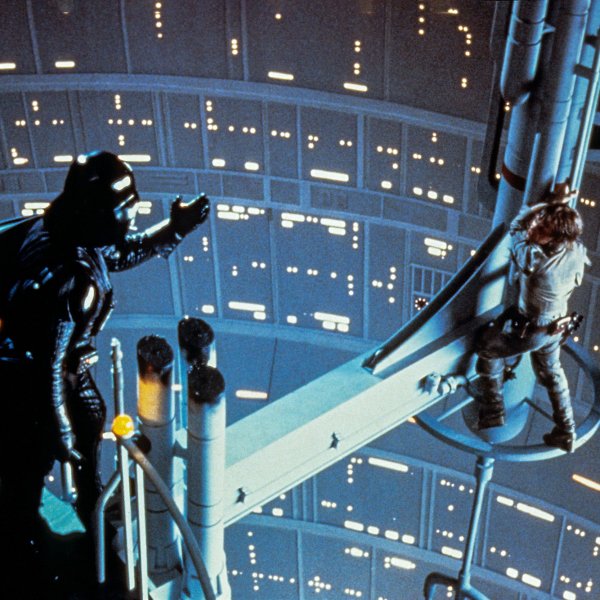David Prowse as Darth Vader and Mark Hamill as Luke Skywalker, in The Empire Strikes Back.