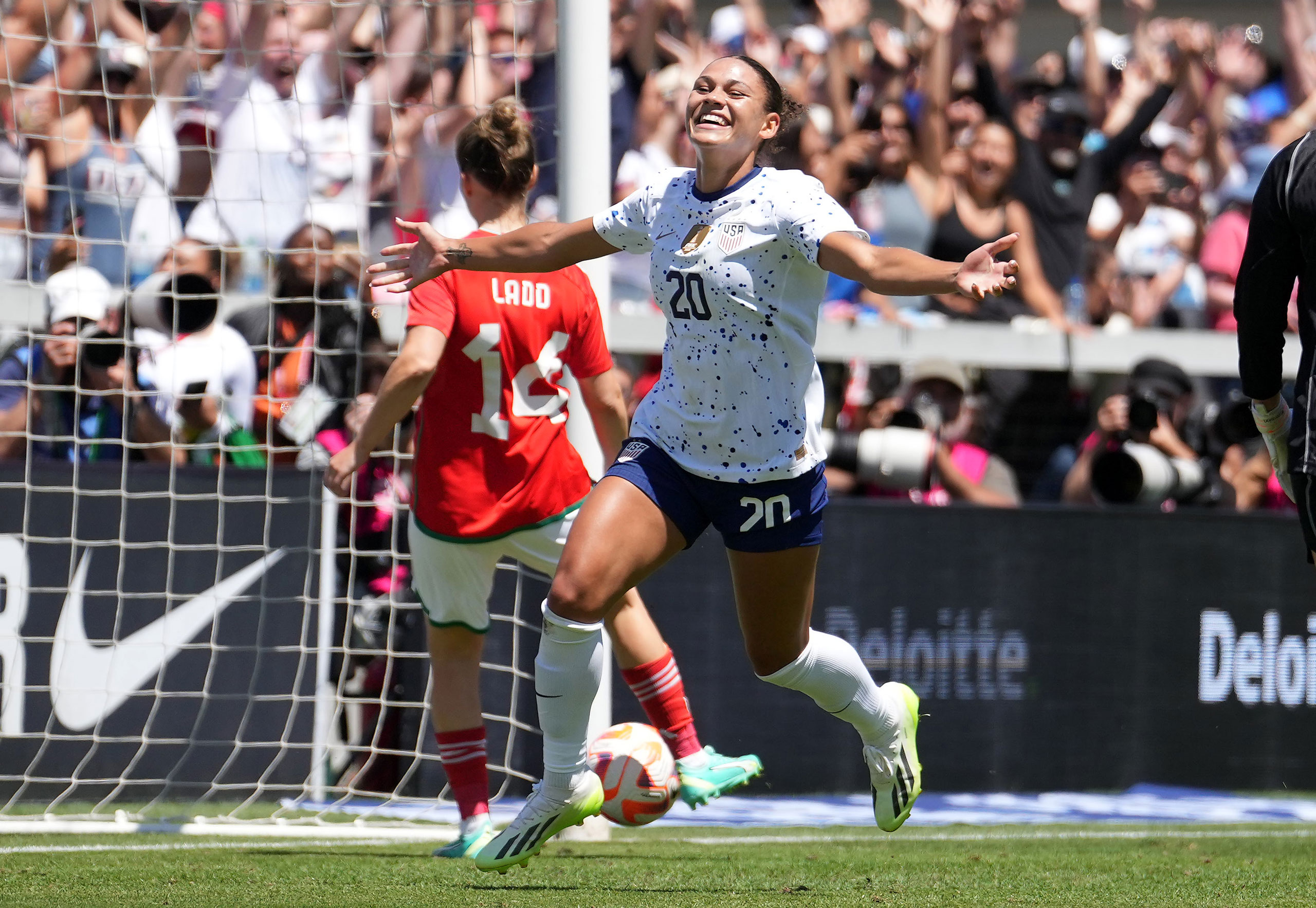 Trinity Rodman celebrates scoring during the second half of an international friendly against Wales at PayPal Park in San Joes, Calif., on July 9, 2023. (Brad Smith—USSF/Getty Images)