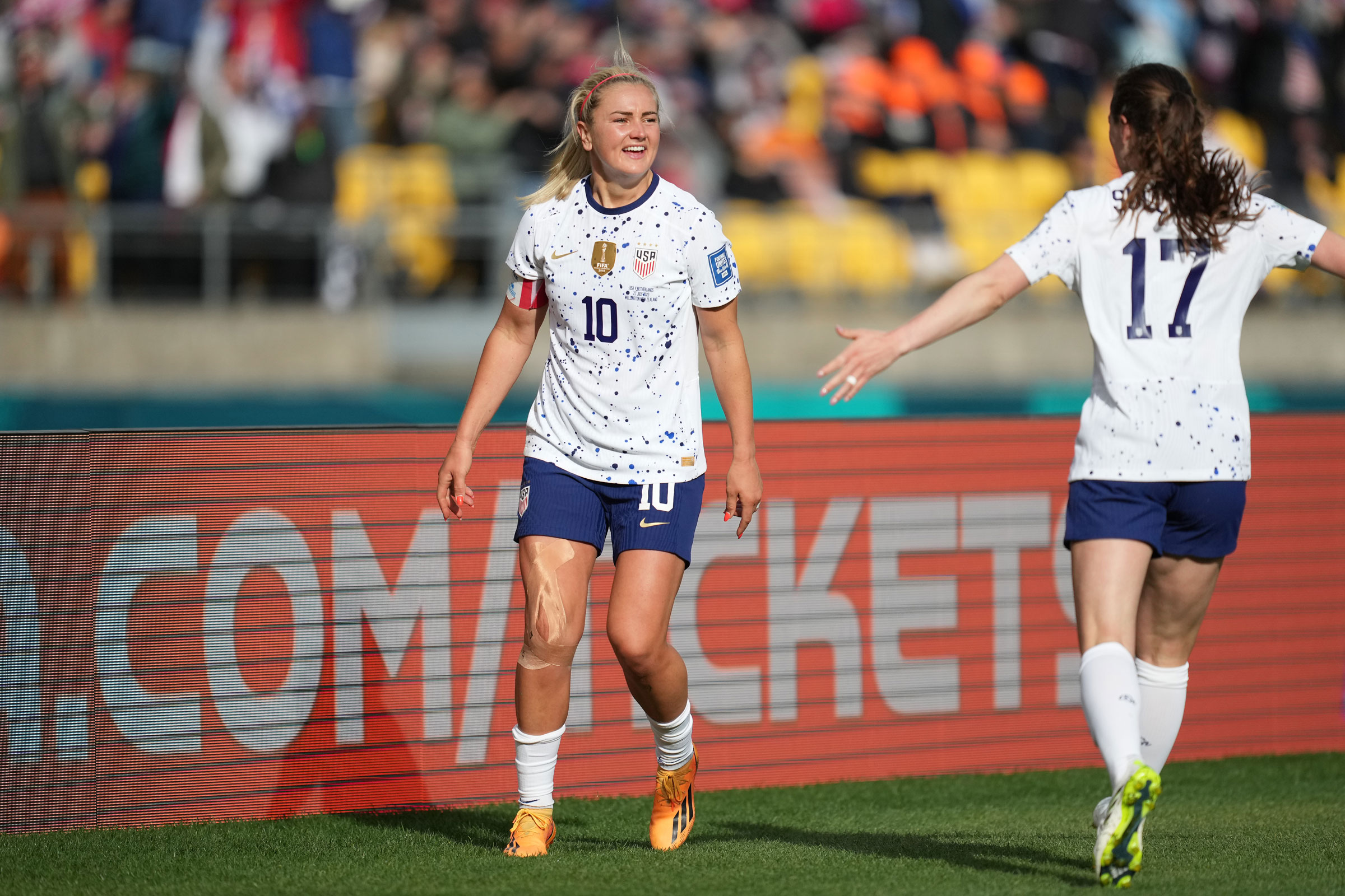 Lindsey Horan celebrates scoring with Andi Sullivan during the second half against the Netherlands