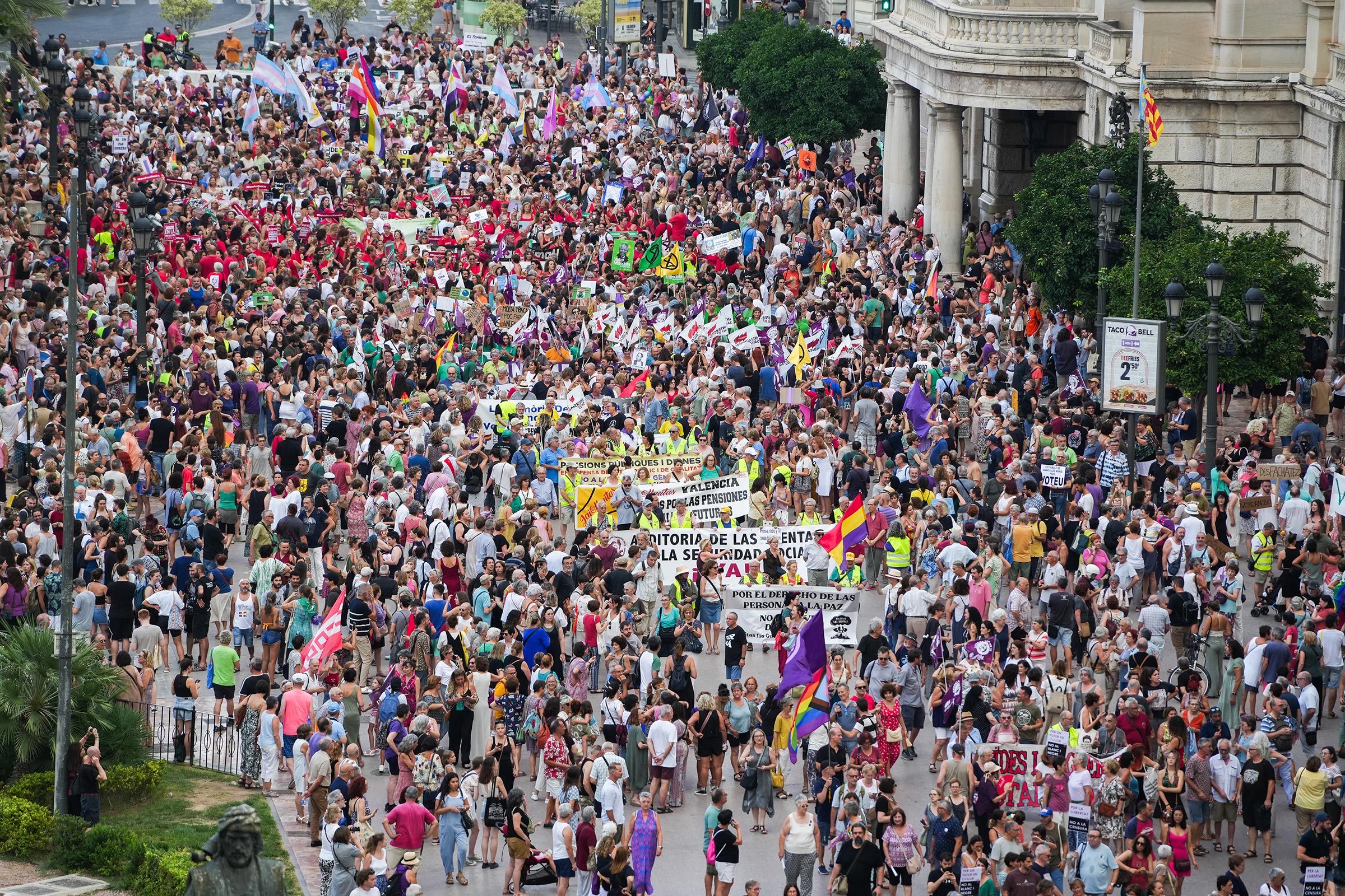 Thousands of protestors gather in the Plaza del Ayuntamiento in Valencia, Spain, on July 20, 2023.
