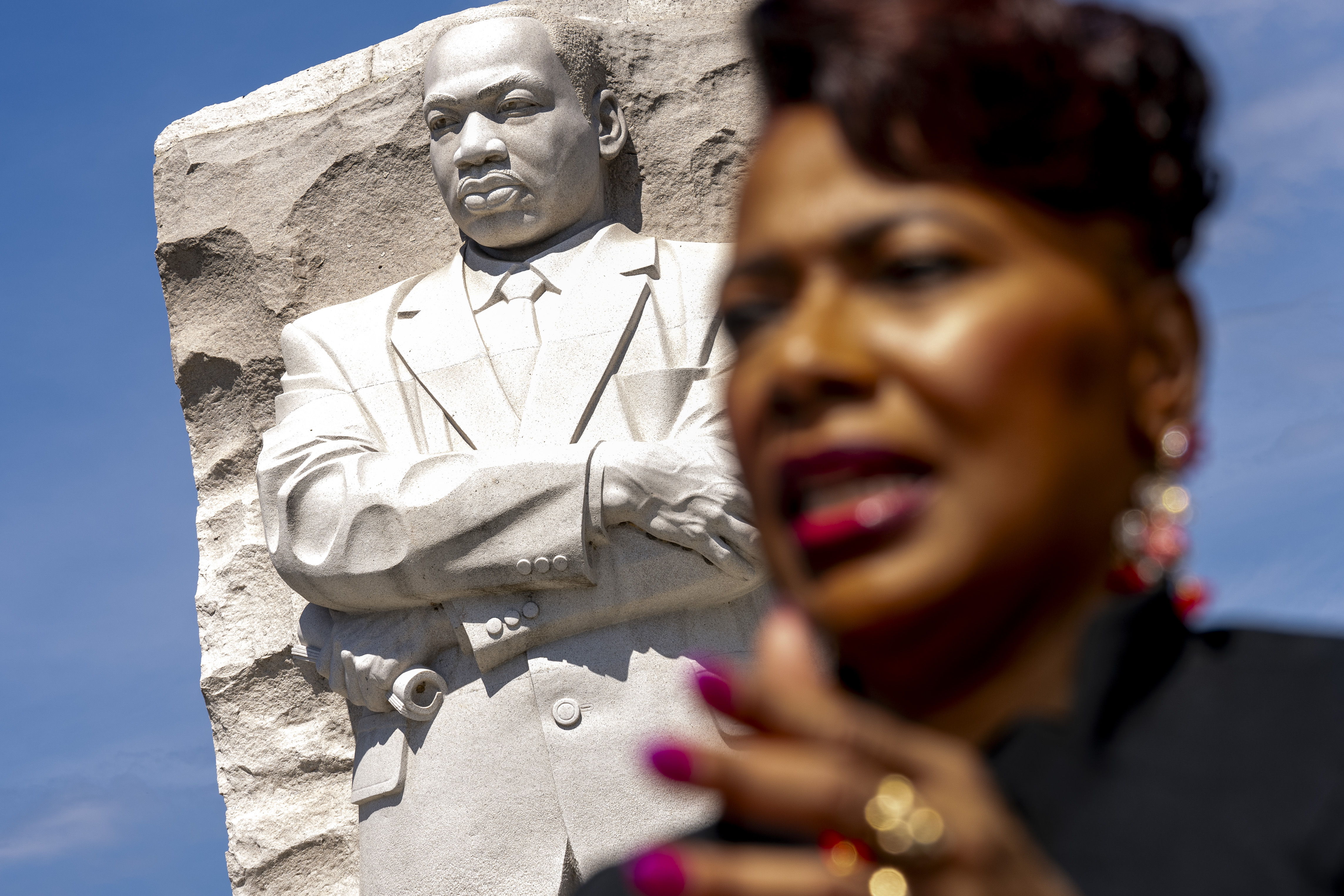 Bernice King, the daughter of Martin Luther King, Jr., speaks during an interview with The Associated Press at the Martin Luther King, Jr., Memorial in Washington, on Aug. 25, 2023. (Andrew Harnik—AP)