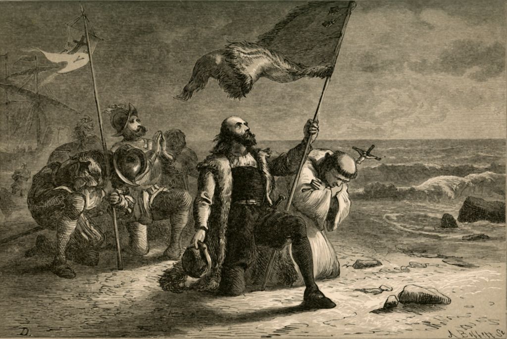 A painting entitled, “The Landing of Columbus,” by Albert Bobbett (1877) of Christopher Columbus arriving in the Americas. Sponsored by Ferdinand and Isabella of Spain, Italian navigator and colonist Columbus set out to discover a westward route to Asia. He landed on the Caribbean island of Hispaniola, claiming it for Spain. The priests who accompanied him forcibly converted large numbers of the indigenous population to Christianity.  (The Print Collector—Getty Images)