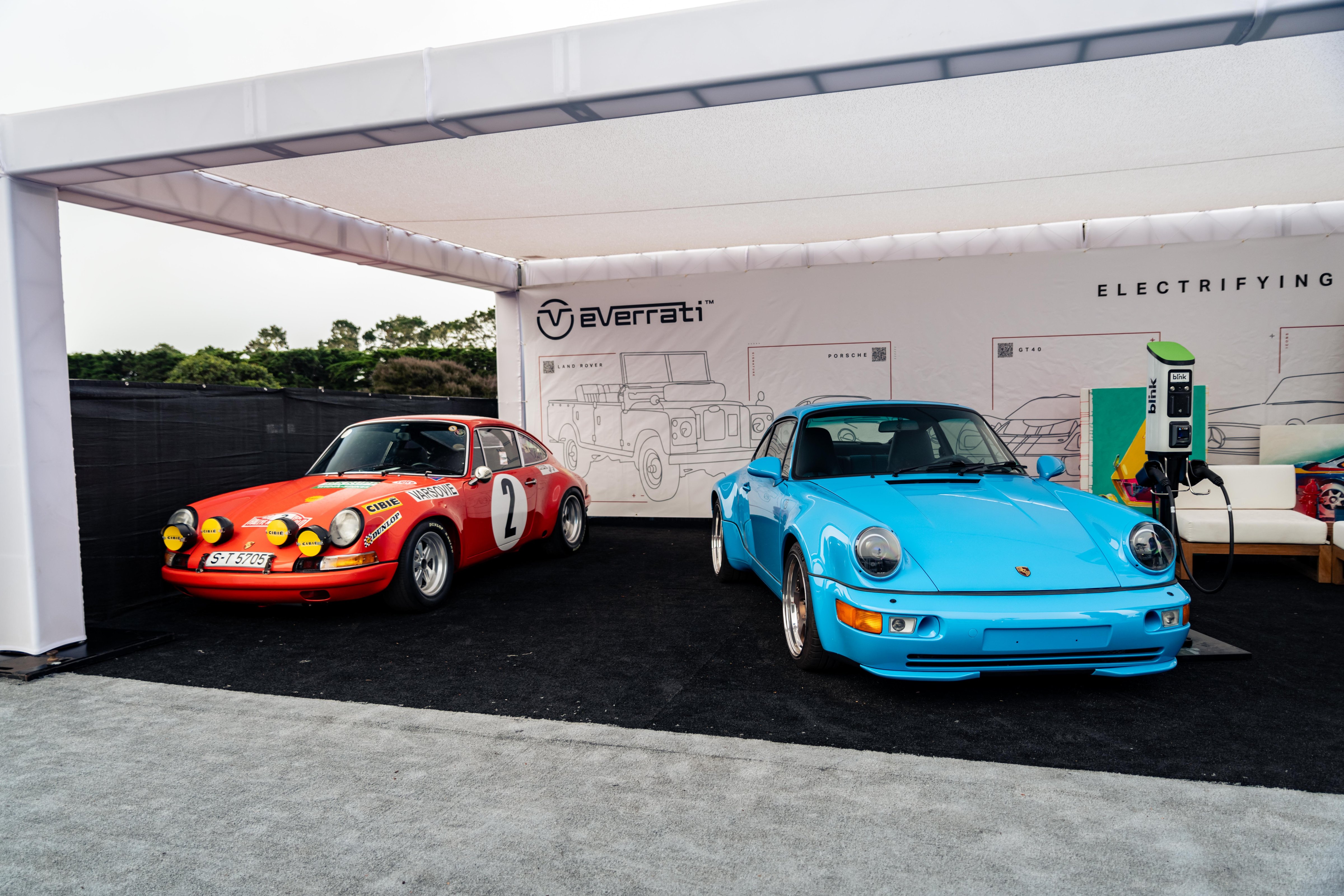 Everrati's electric-blue converted Porsche 911 at Monterey Car Week in Monterey, Calif.  (Courtesy of Everrati)