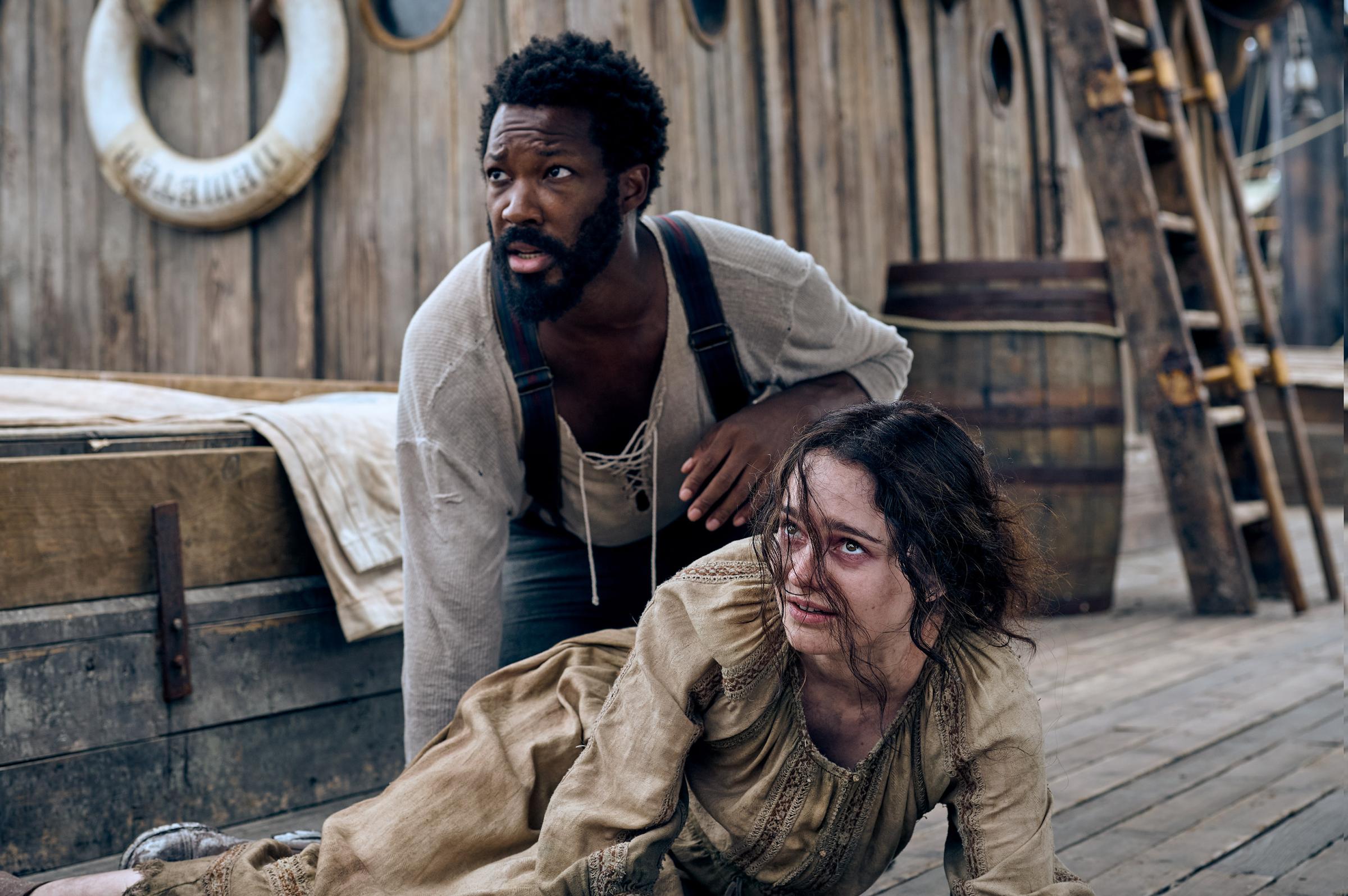 Corey Hawkins as Clemens and Aisling Franciosi as Anna in 'The Last Voyage of the Demeter'