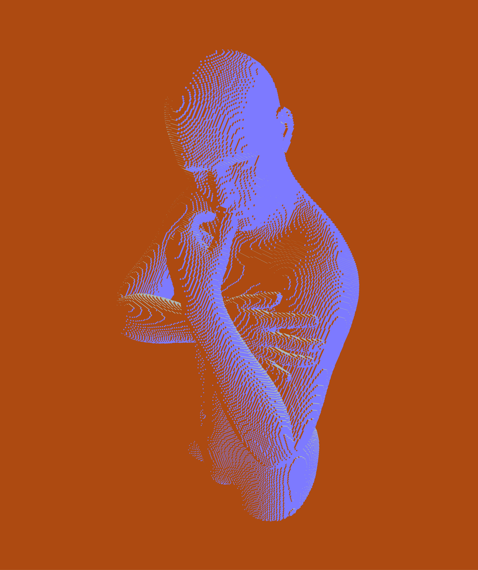 A man with his hand on his chin as though he was thinking. Artificial intelligence concept. Searching for answers. Digital technology background. Voxel art. 3D vector illustration.