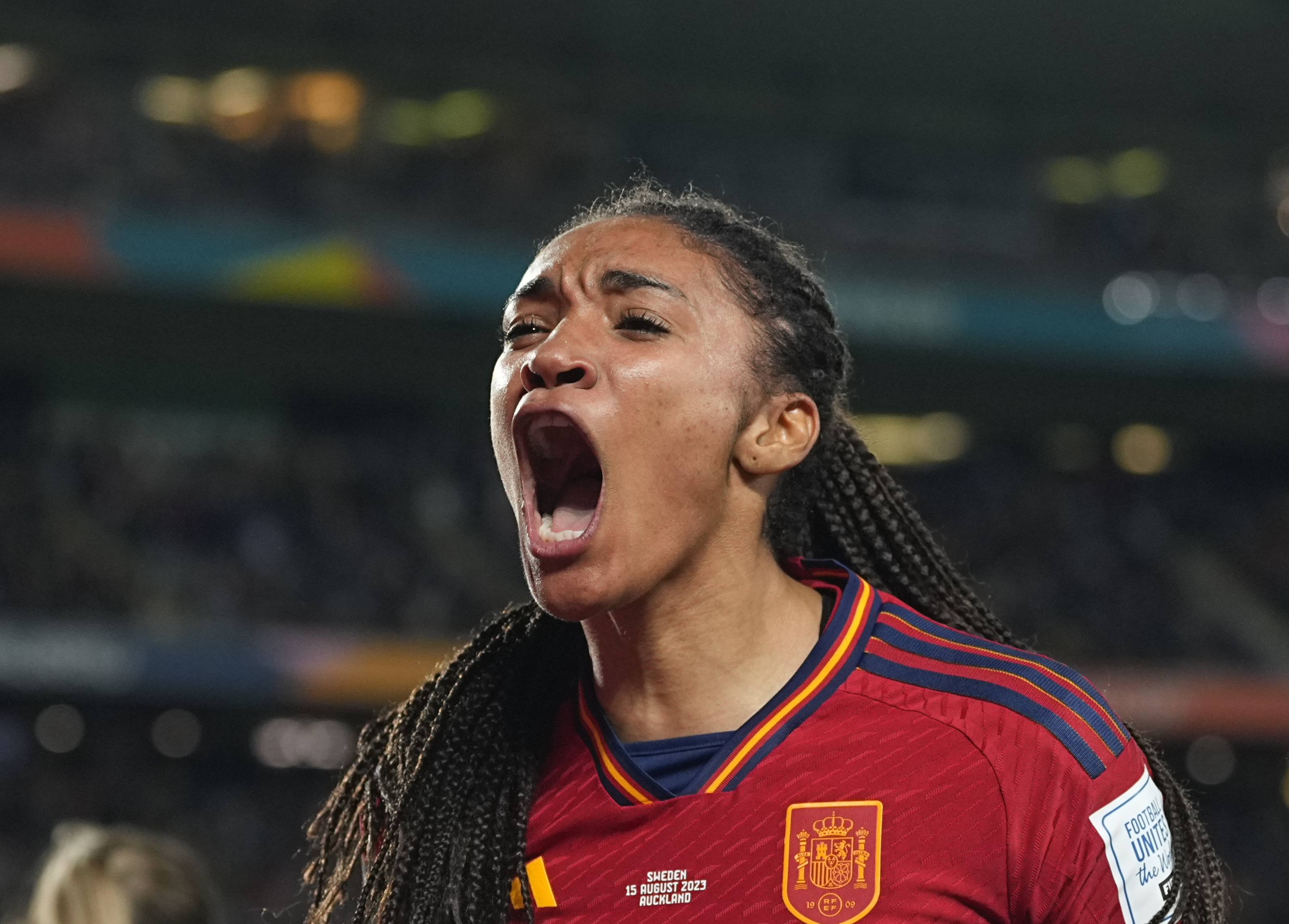 Salma Paralluelo of Spain celebrates the teams first goal during the FIFA Women's World Cup Semi Final match between Spain and Sweden on August 15, 2023 in Auckland, New Zealand.  ((Photo by Ulrik Pedersen/DeFodi Images via Getty Images))