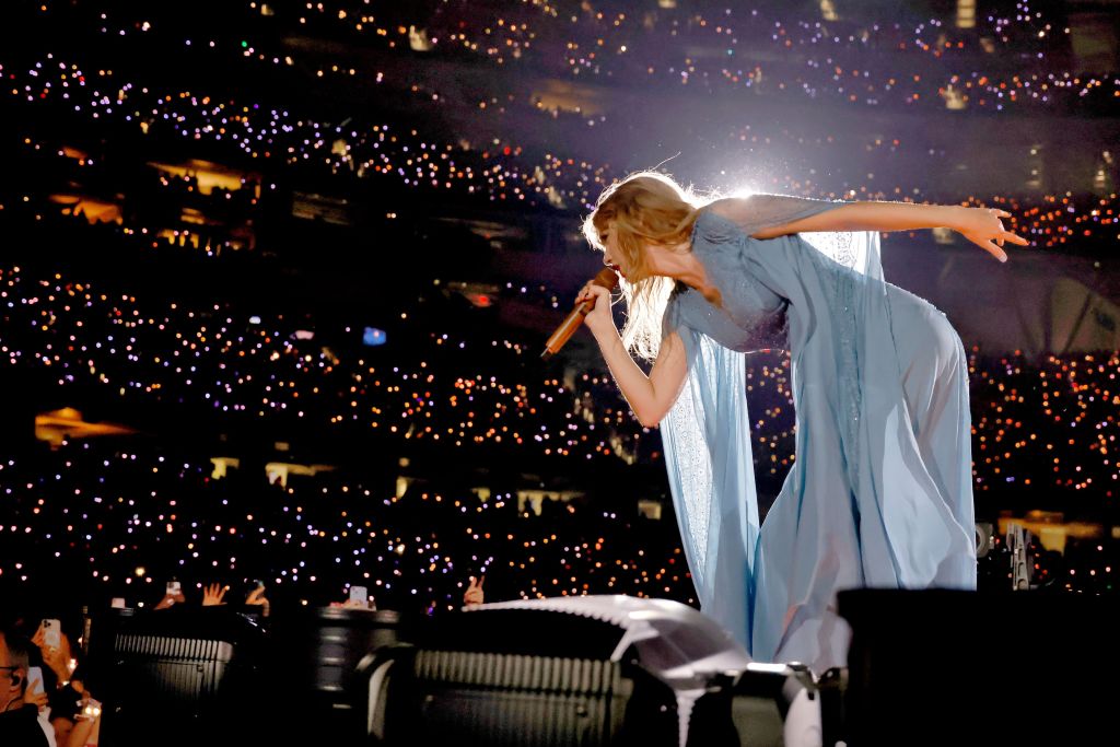 Taylor Swift onstage during the Eras Tour's final night in Los Angeles on Aug. 09, 2023. (Kevin Winter/TAS23—Getty Images )
