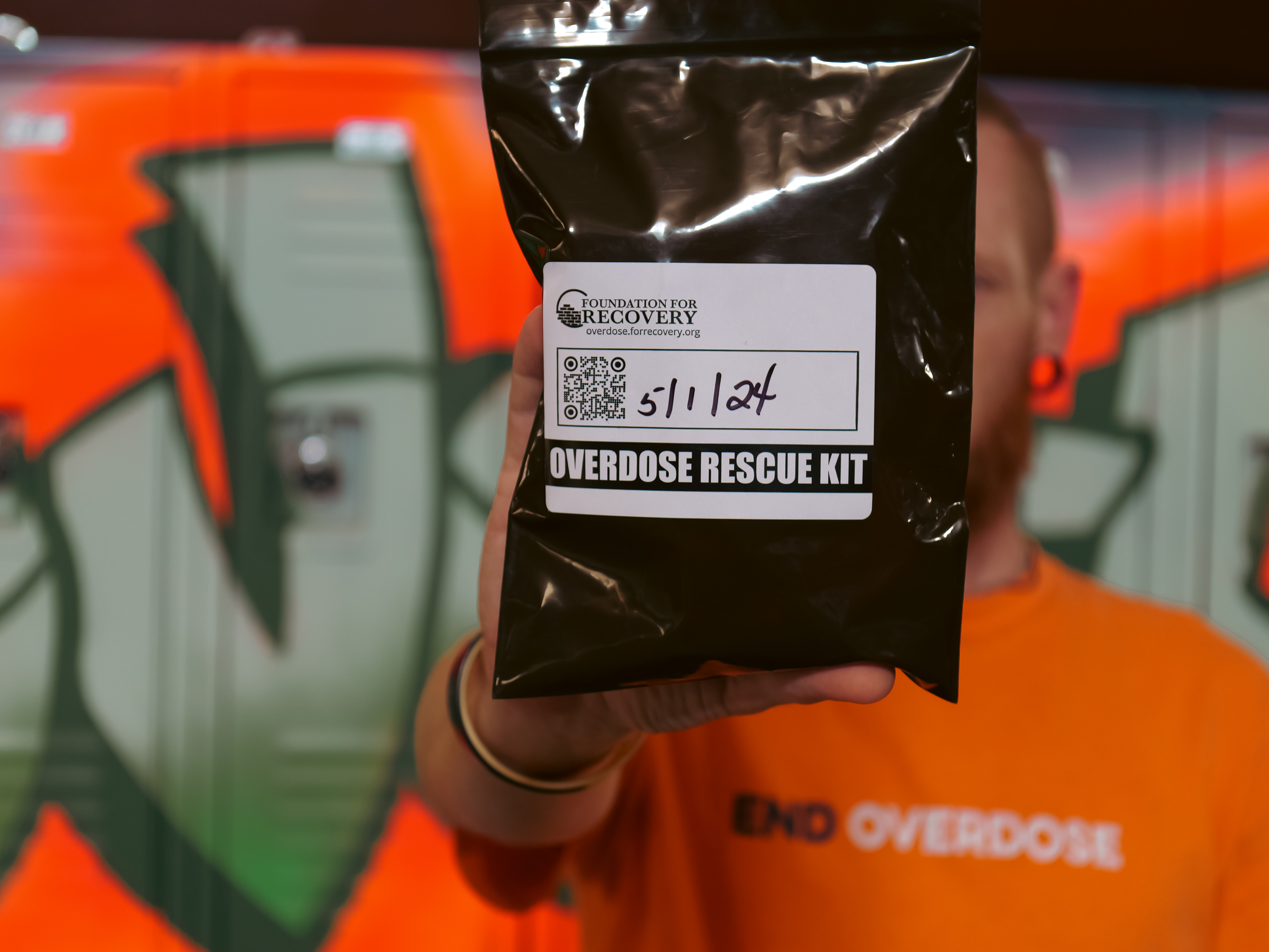 Overdose prevention ambassador and community trainer Chris Marx of Foundation for Recovery in Las Vegas holds an overdose rescue kit with the opioid overdose reversal medication, naloxone. (Sean O'Donnell/ Foundation for Recovery)