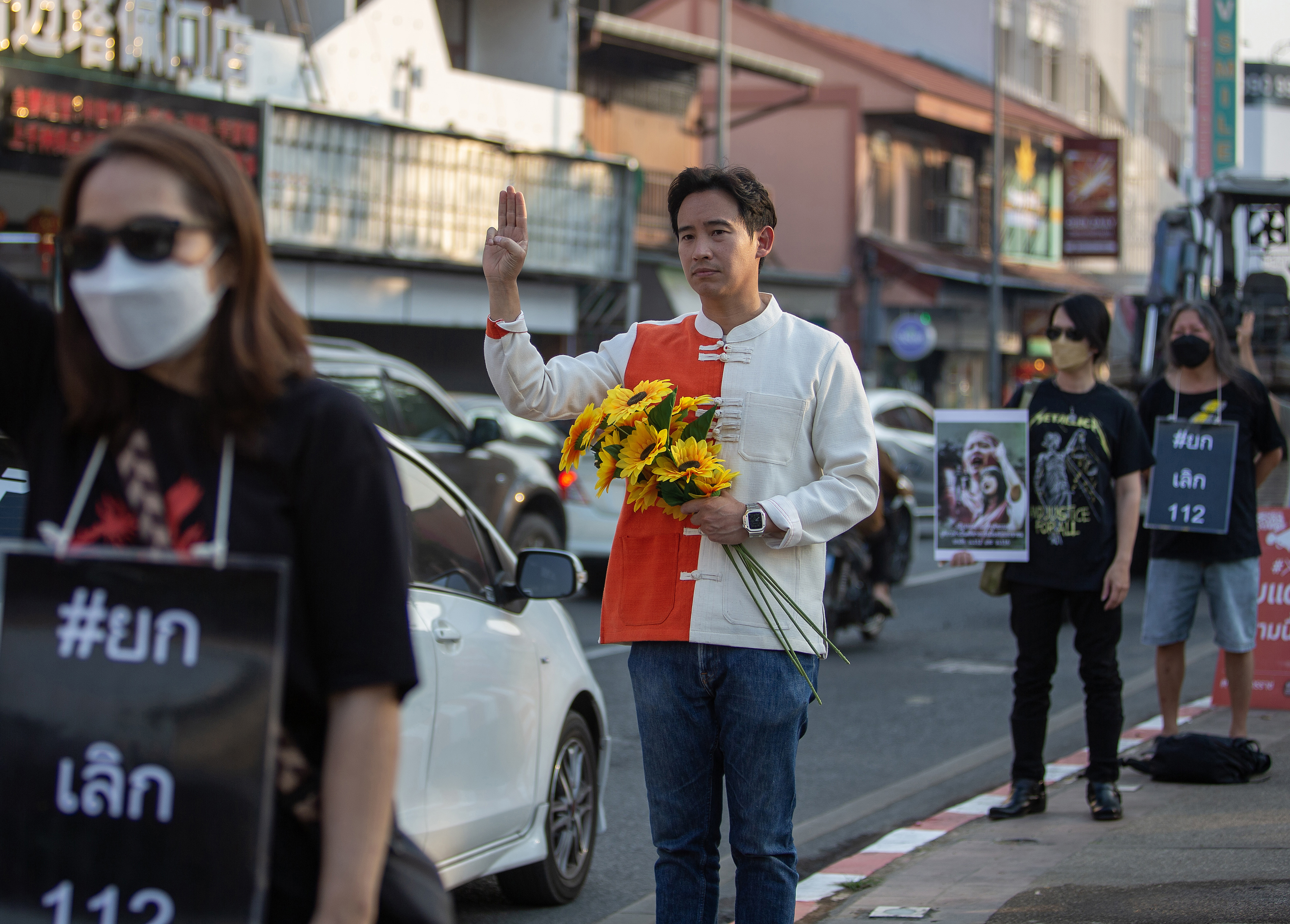 Pita joins a demonstration—demanding the release of two young pro-democracy activists who were detained for criticizing the monarchy—at Tha Phae Gate in Chiang Mai, Thailand, Feb. 4, 2023. (Pongmanat Tasiri—SOPA/LightRocket/Getty Images)