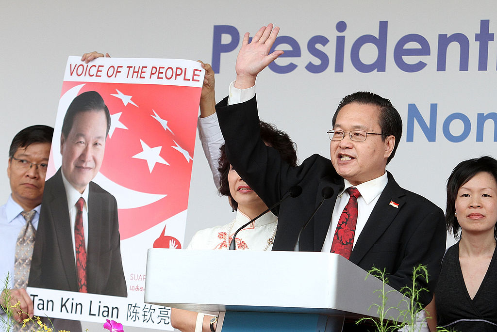 Candidate Tan Kin Lian makes a speech ahead of the Singapore Presidential Election on August 17, 2011. (Nicky Loh—Getty Images)