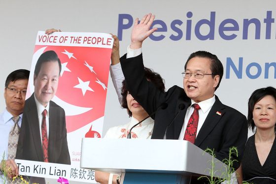 Candidate Tan Kin Lian makes a speech ahead of the Singapore Presidential Election on August 17, 2011