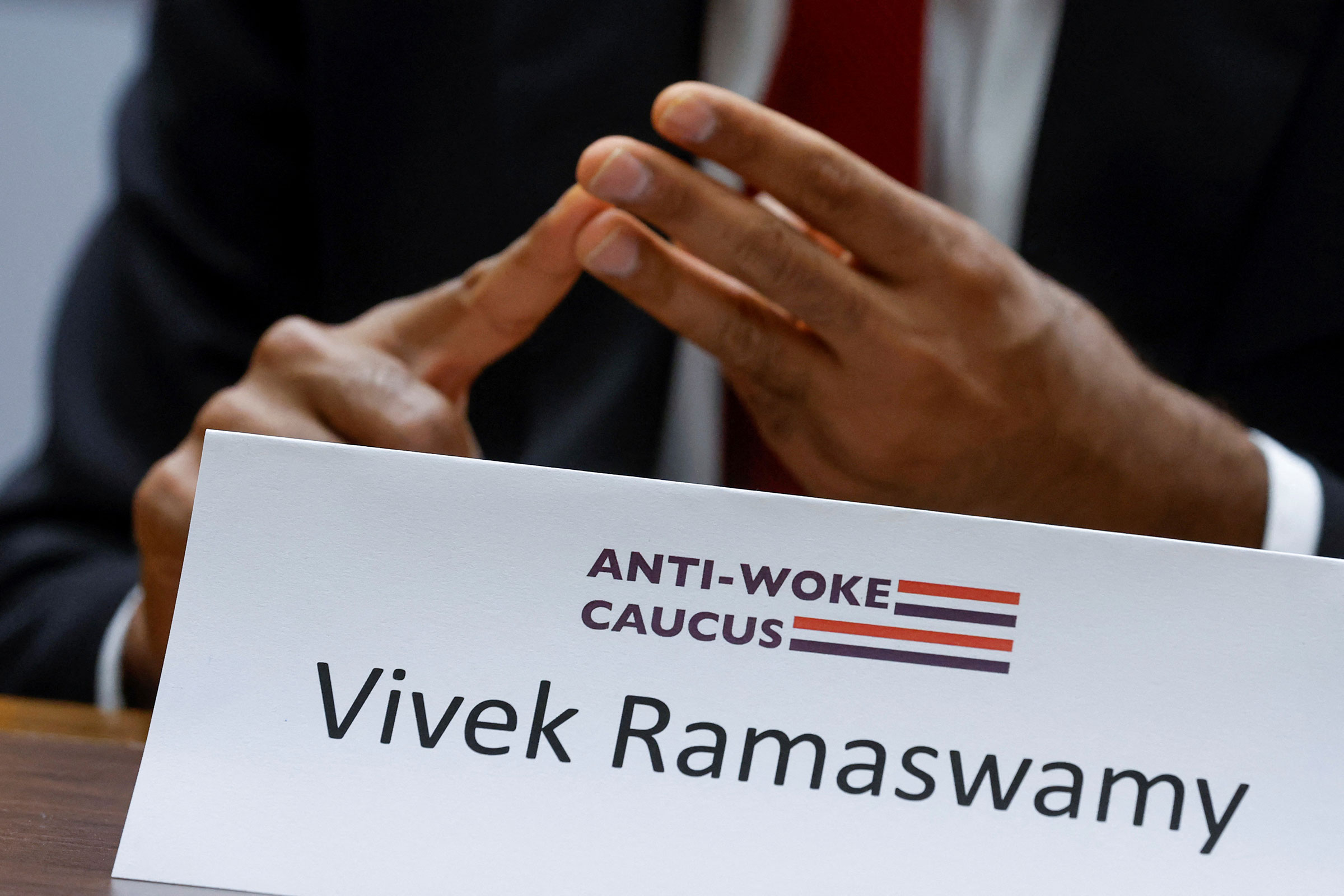 Ramaswamy speaks with reporters after meeting with members of the Anti-Woke Caucus on Capitol Hill in Washington, on June 22, 2023. (Jonathan Ernst—Reuters)