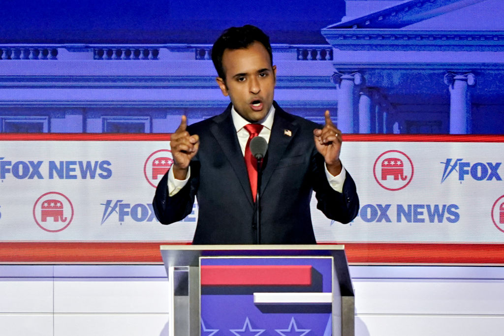 Vivek Ramaswamy, chairman and co-founder of Strive Asset Management and 2024 Republican presidential candidate, during the Republican primary presidential debate hosted by Fox News in Milwaukee on Aug. 23 (Al Drago/Bloomberg via Getty Images)