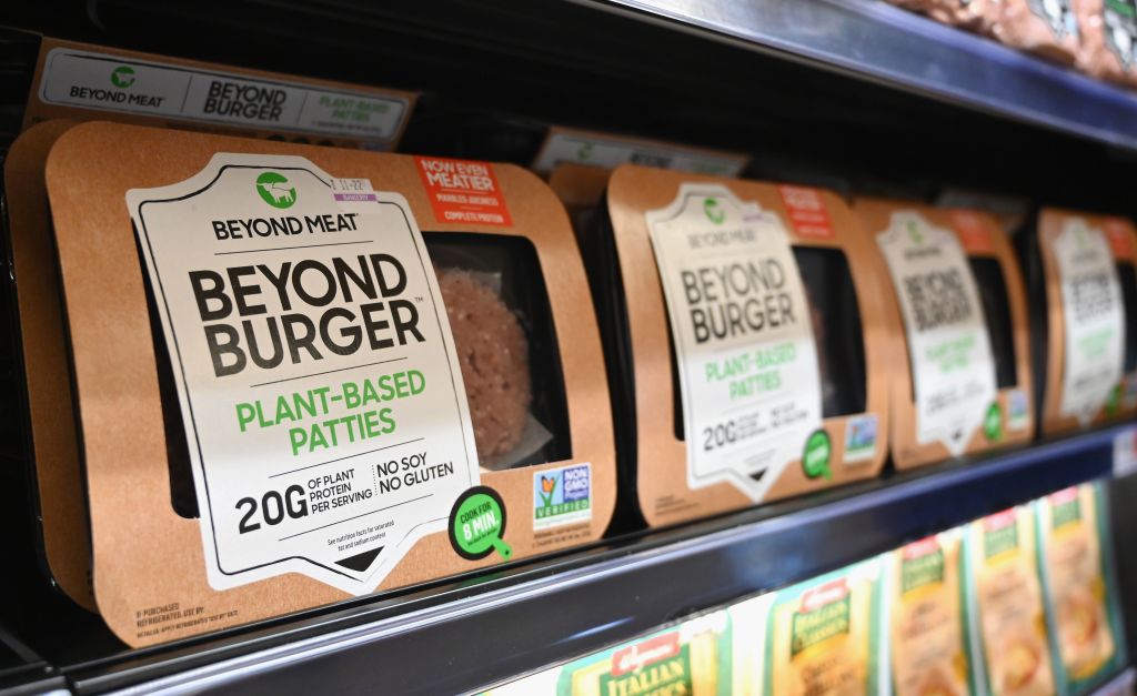 Beyond Meat "Beyond Burger" patties made from plant-based substitutes for meat products sit on a shelf for sale in New York City on Nov. 15, 2019. (ANGELA WEISS/AFP—Getty Images)